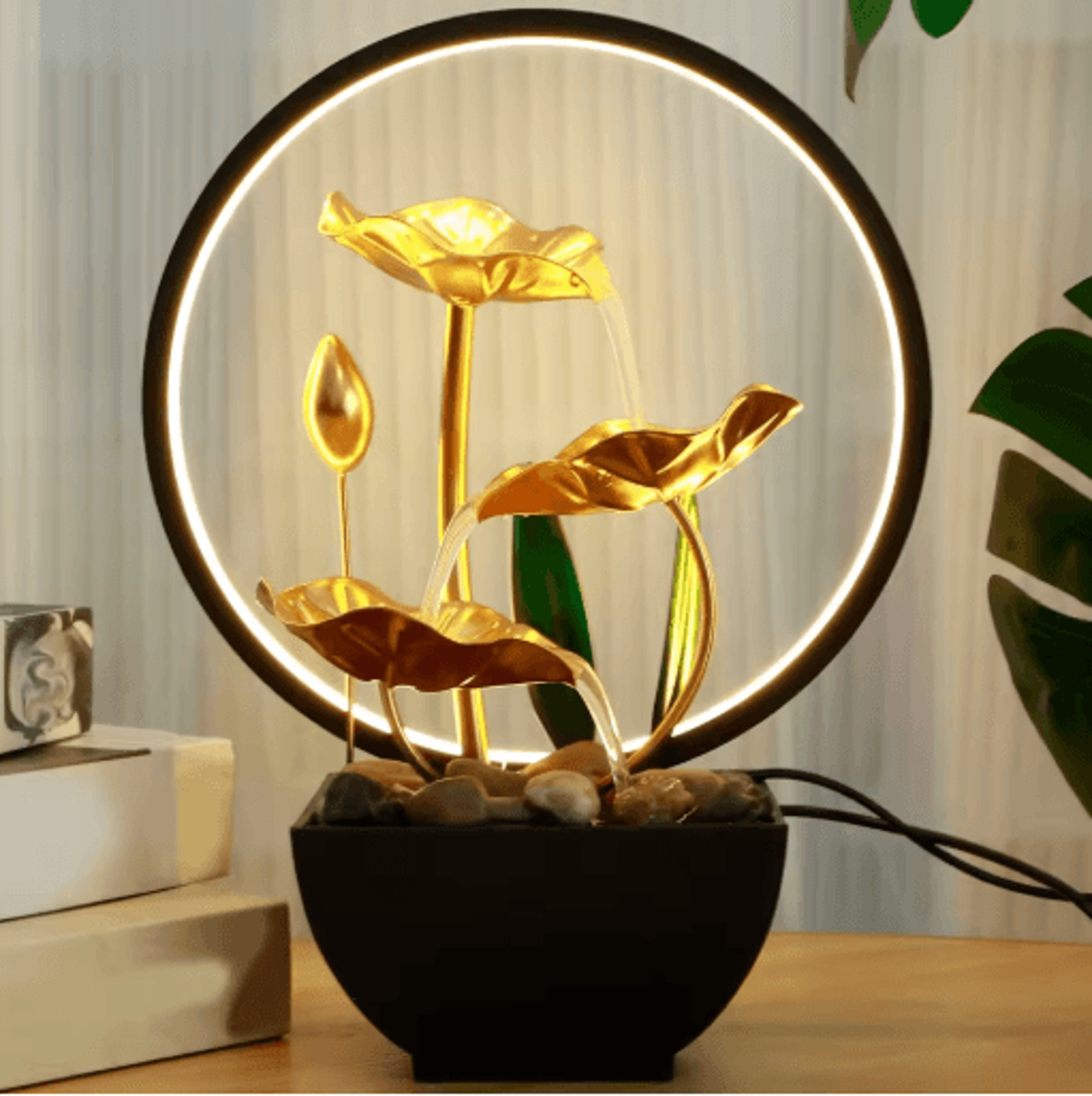 relaxing tabletop water fountain usb desktop waterfall with led lights & natural rocks