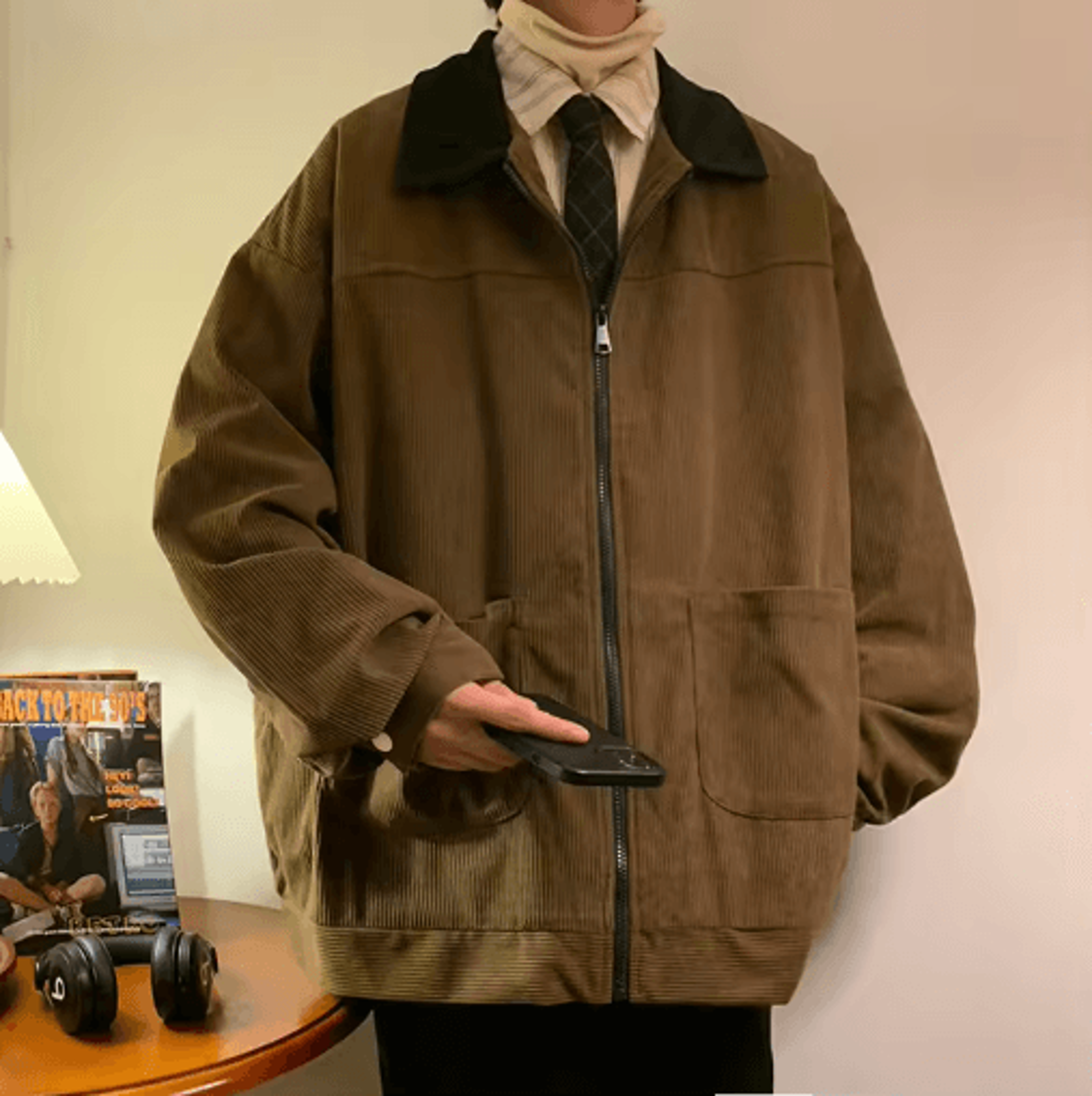 American Vintage Mens Bomber Jacket  Loose Fit Cargo Windbreaker Zipper Coat 2