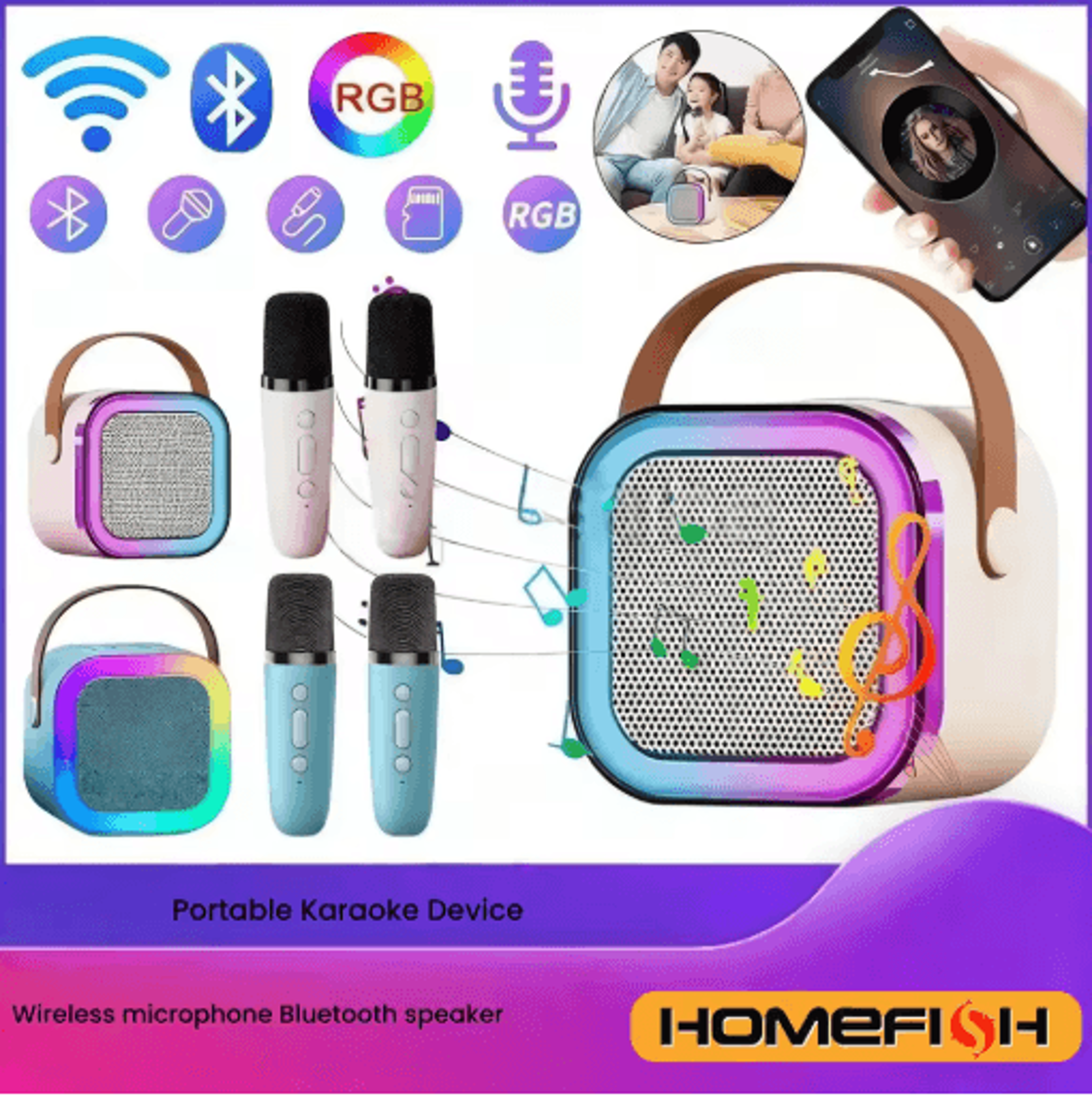 HOMEFISH K12 Portable Karaoke Machine With Wireless Microphones  Bluetooth Speaker System 8