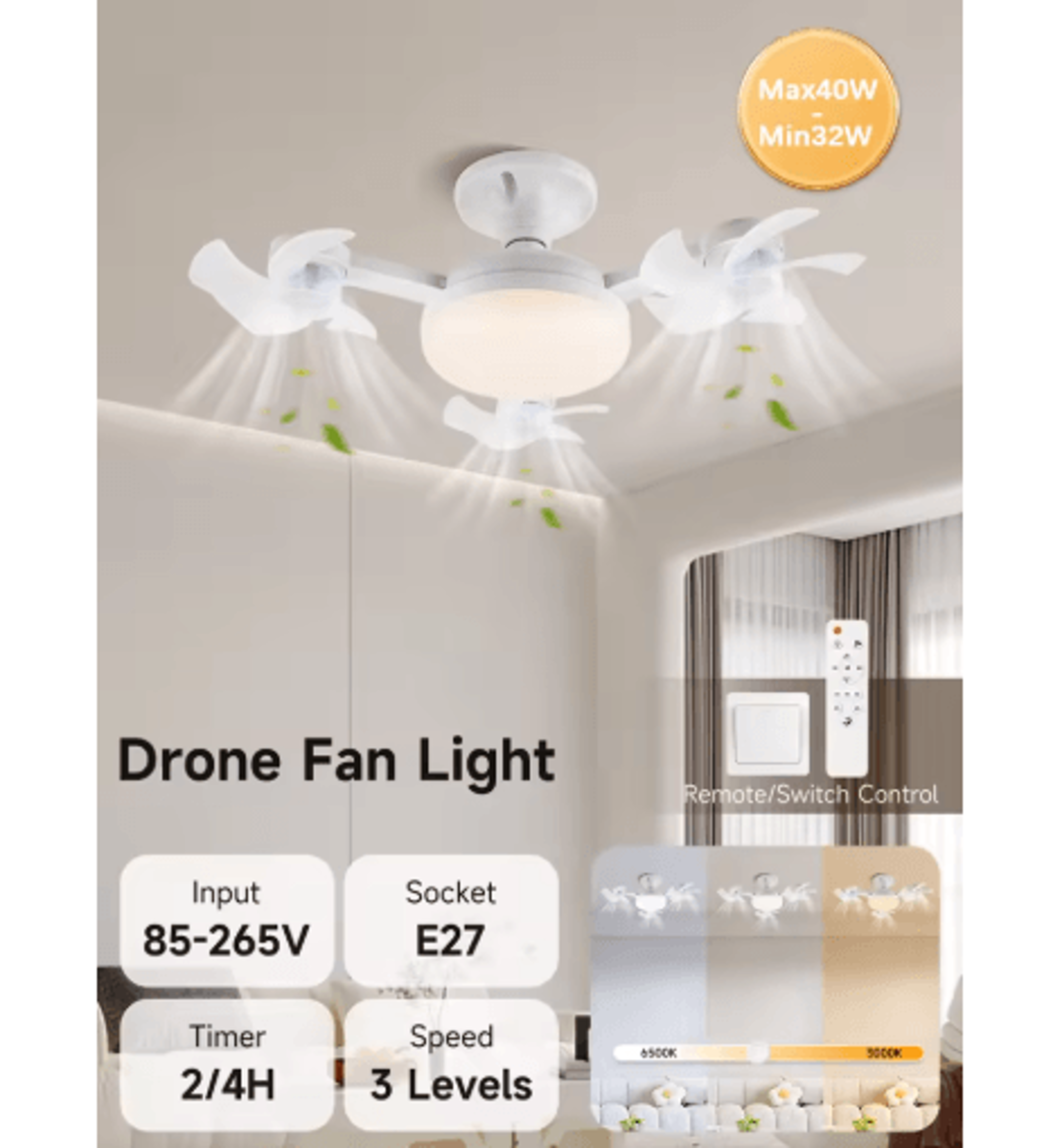 Modern LED Ceiling Fan With Light  Remote Control 3Speed Adjustable Fan Light 2