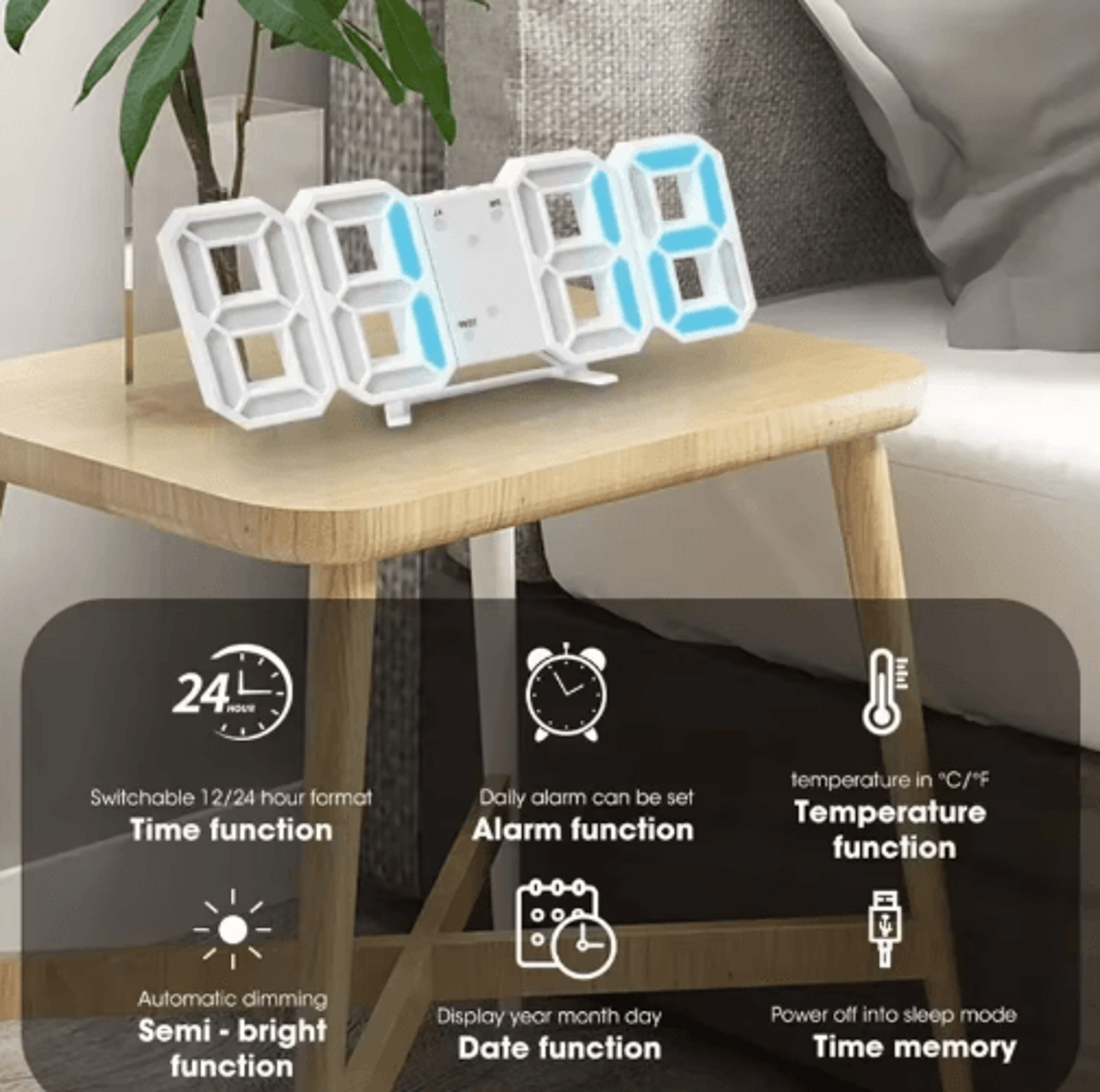 3d led digital wall clock – alarm clock with time, date & temperature display