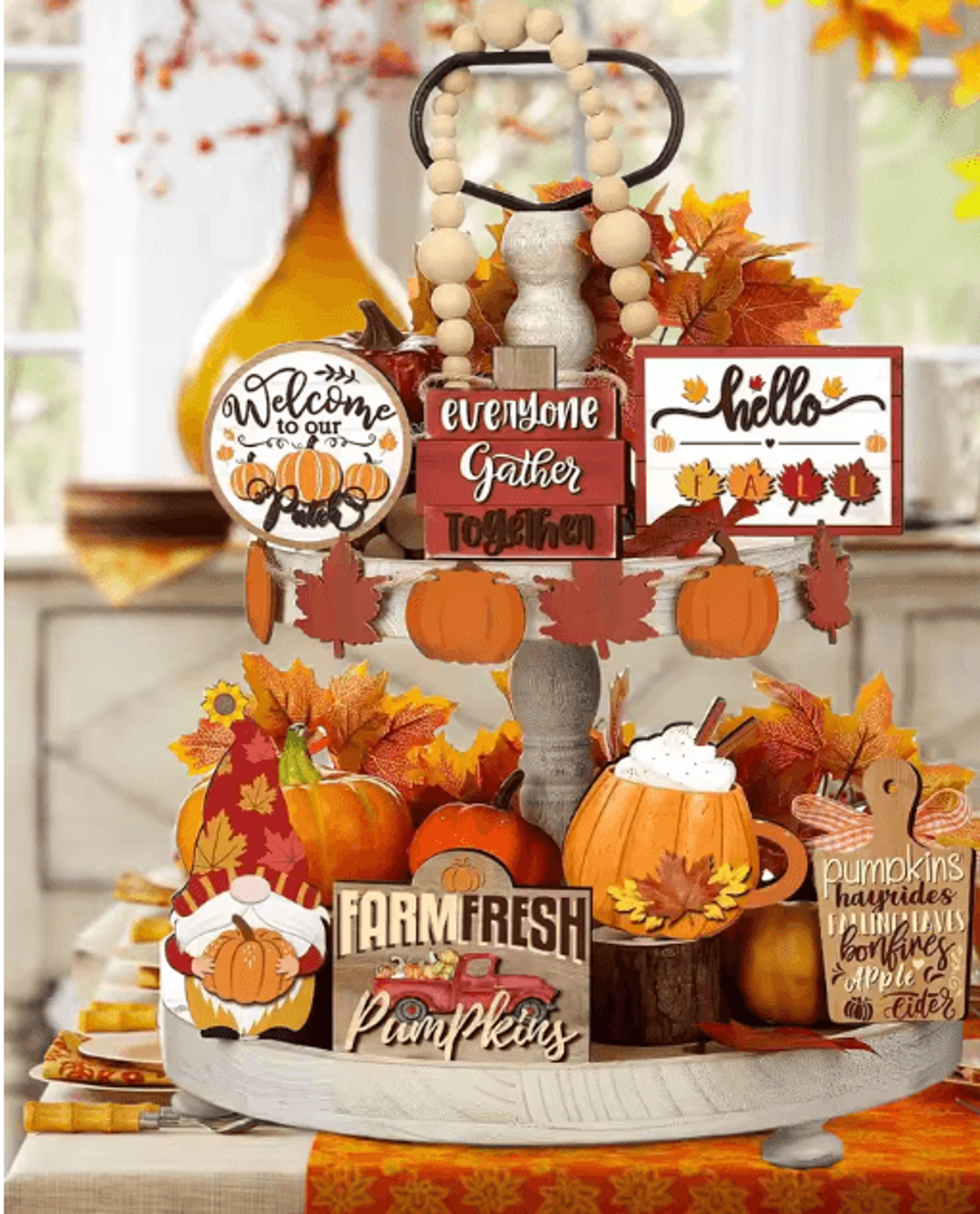 Farmhouse Fall Tiered Tray Decor Set  Pumpkin Spice Autumn Centerpiece Accents 2