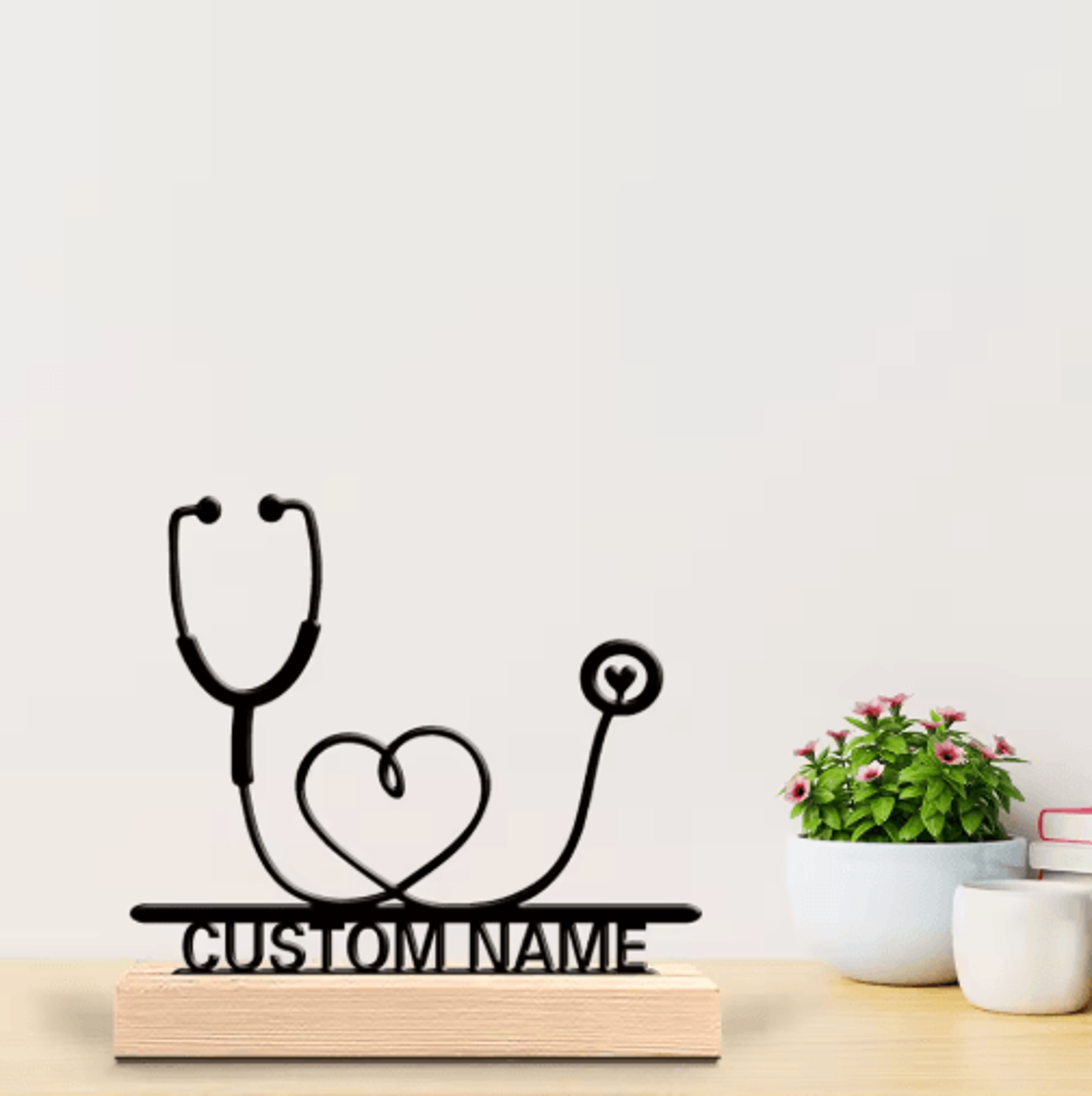 Personalized Stethoscope Metal Sculpture  Custom Doctor Desk Decor With Wooden Base 6