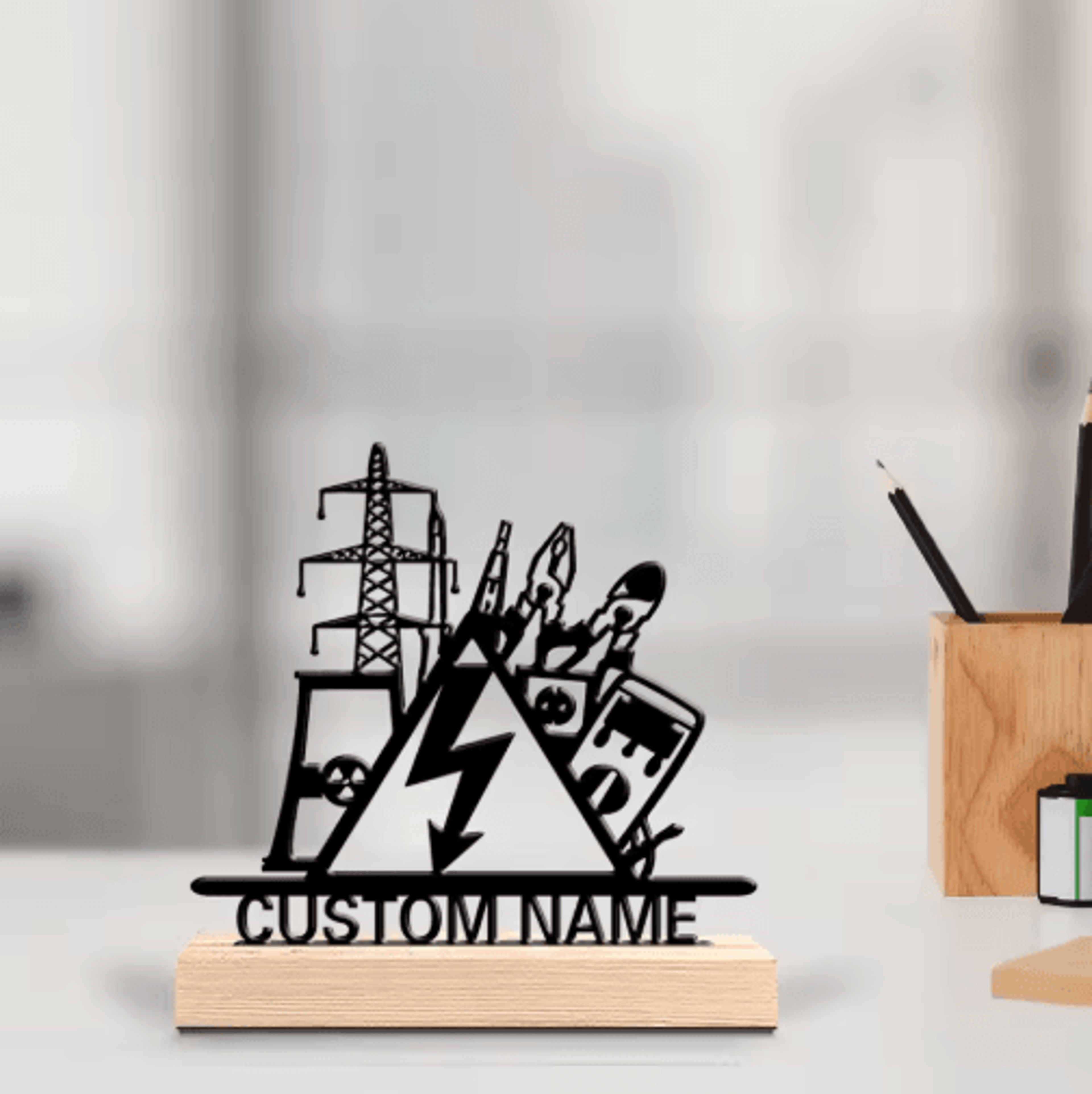 personalized electrical engineer metal sculpture – custom engineer desk decor with wooden base