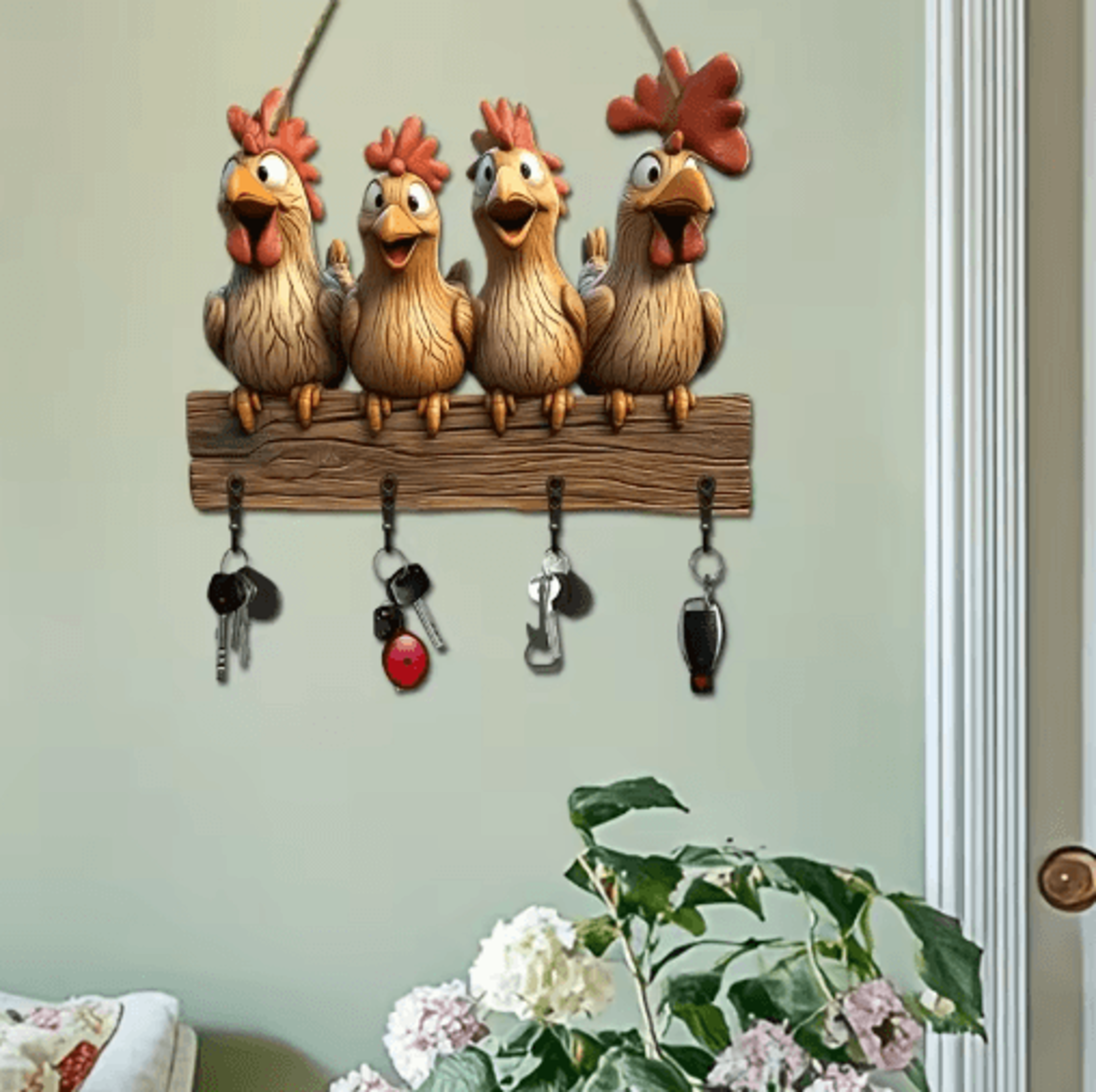 Farmhouse Hen Wooden Key Holder Wall Mount With Rustic Hooks 5