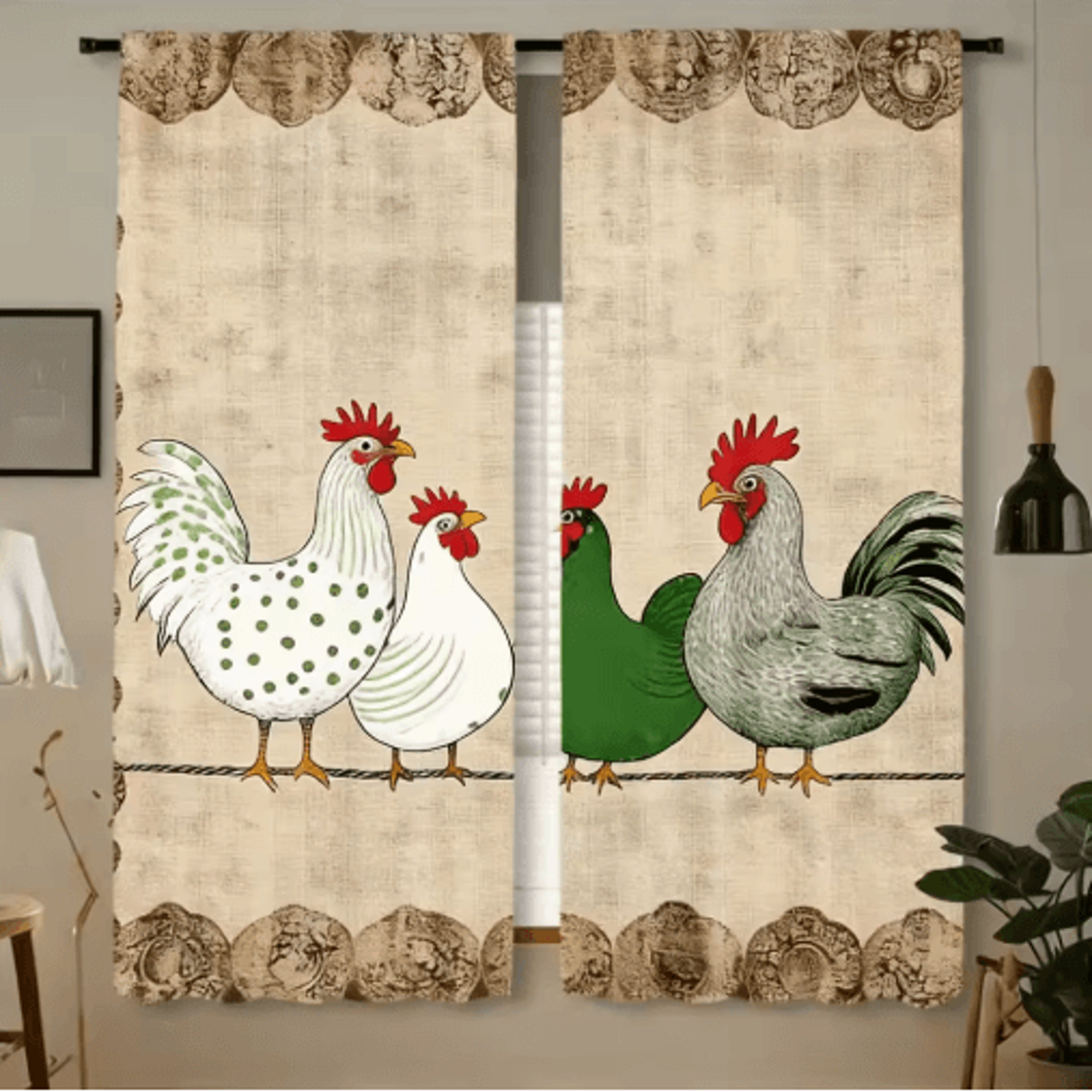 2Piece Cafe Curtains Kitchen Window Retro Polka Dot Chicken Print Panels 4