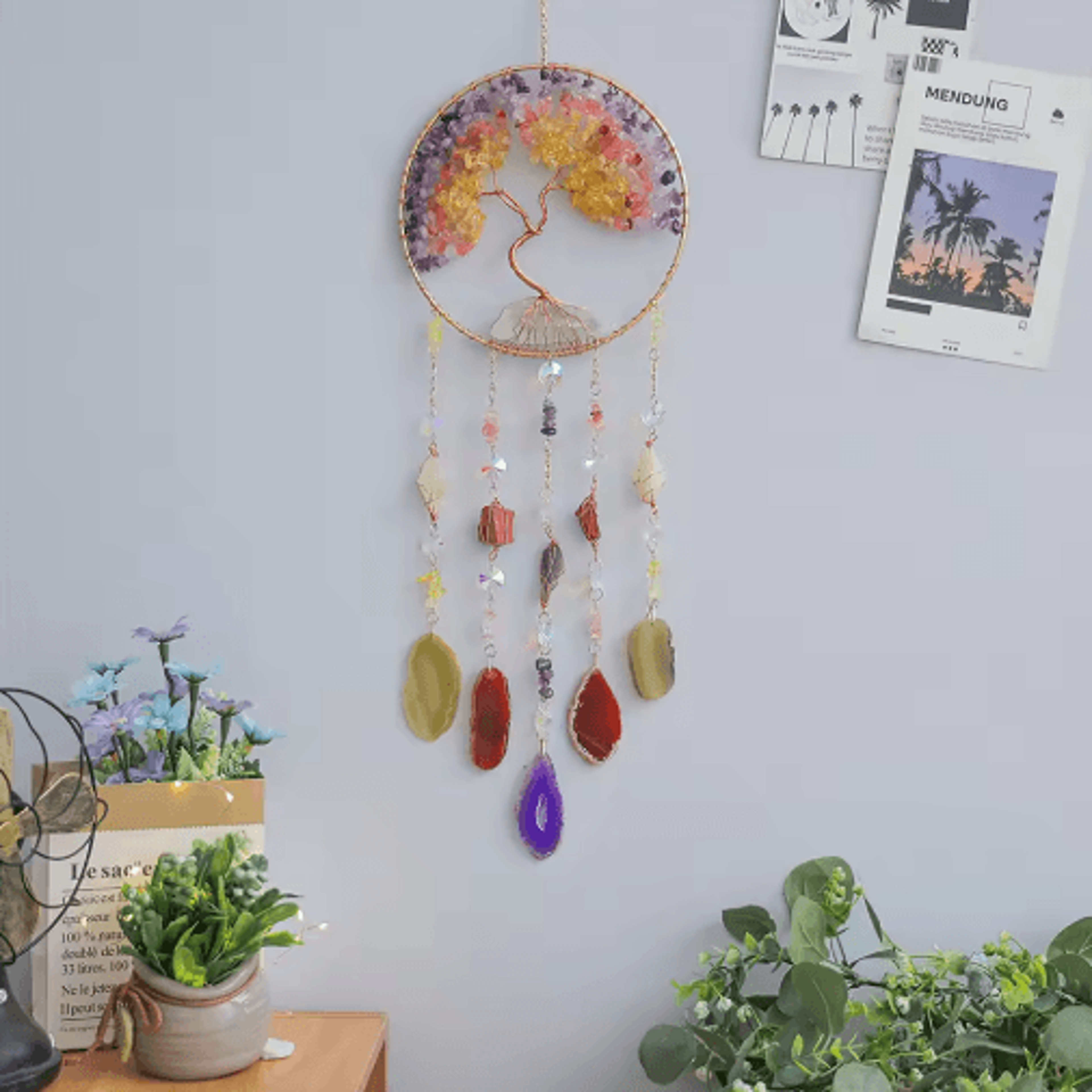 Natural Agate Dream Catcher Wall Hanging Crystal Moon Star Sun Boho Bedroom Decor 4