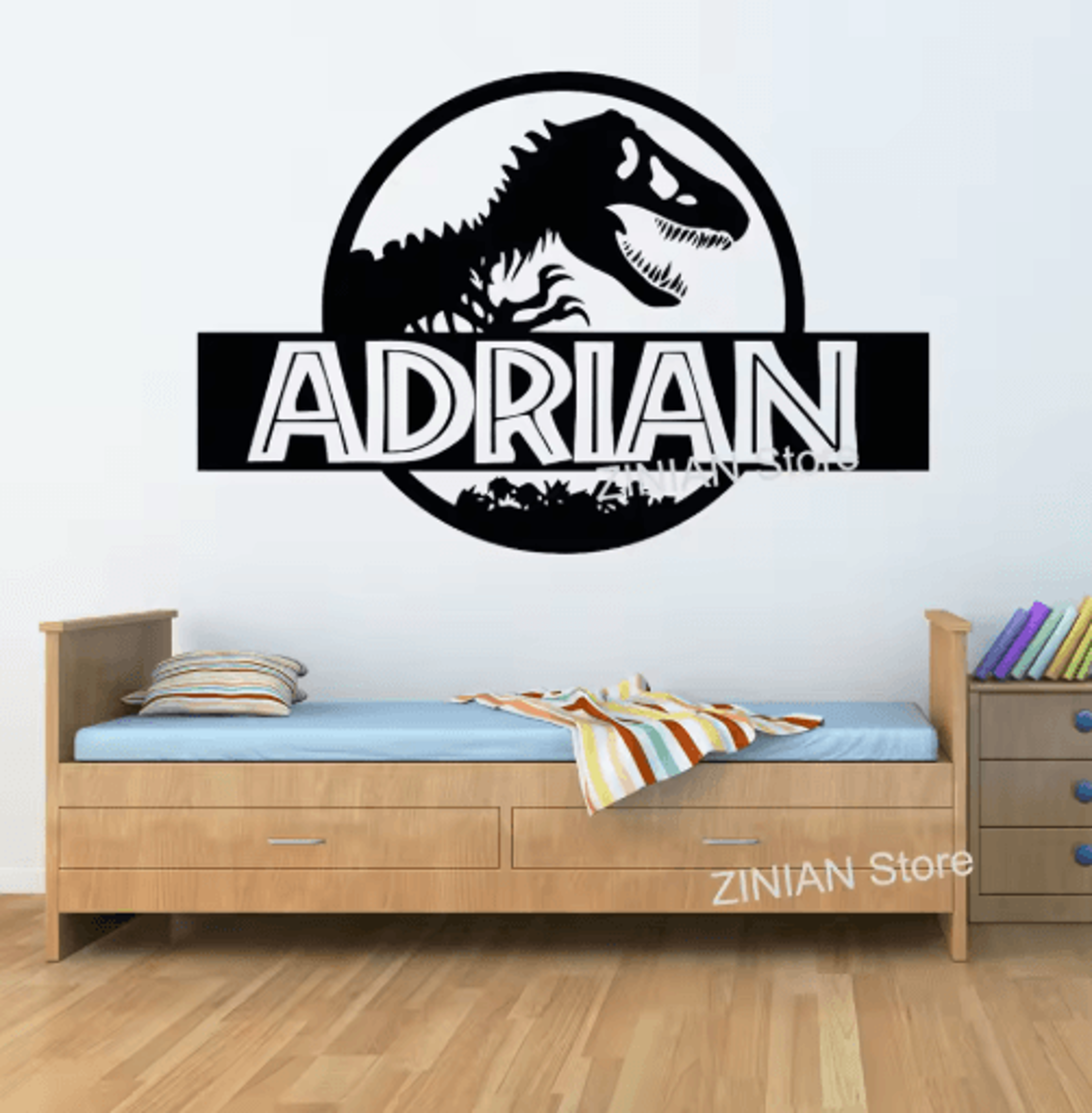 personalized t rex dinosaur wall sticker jurassic kids room name decal