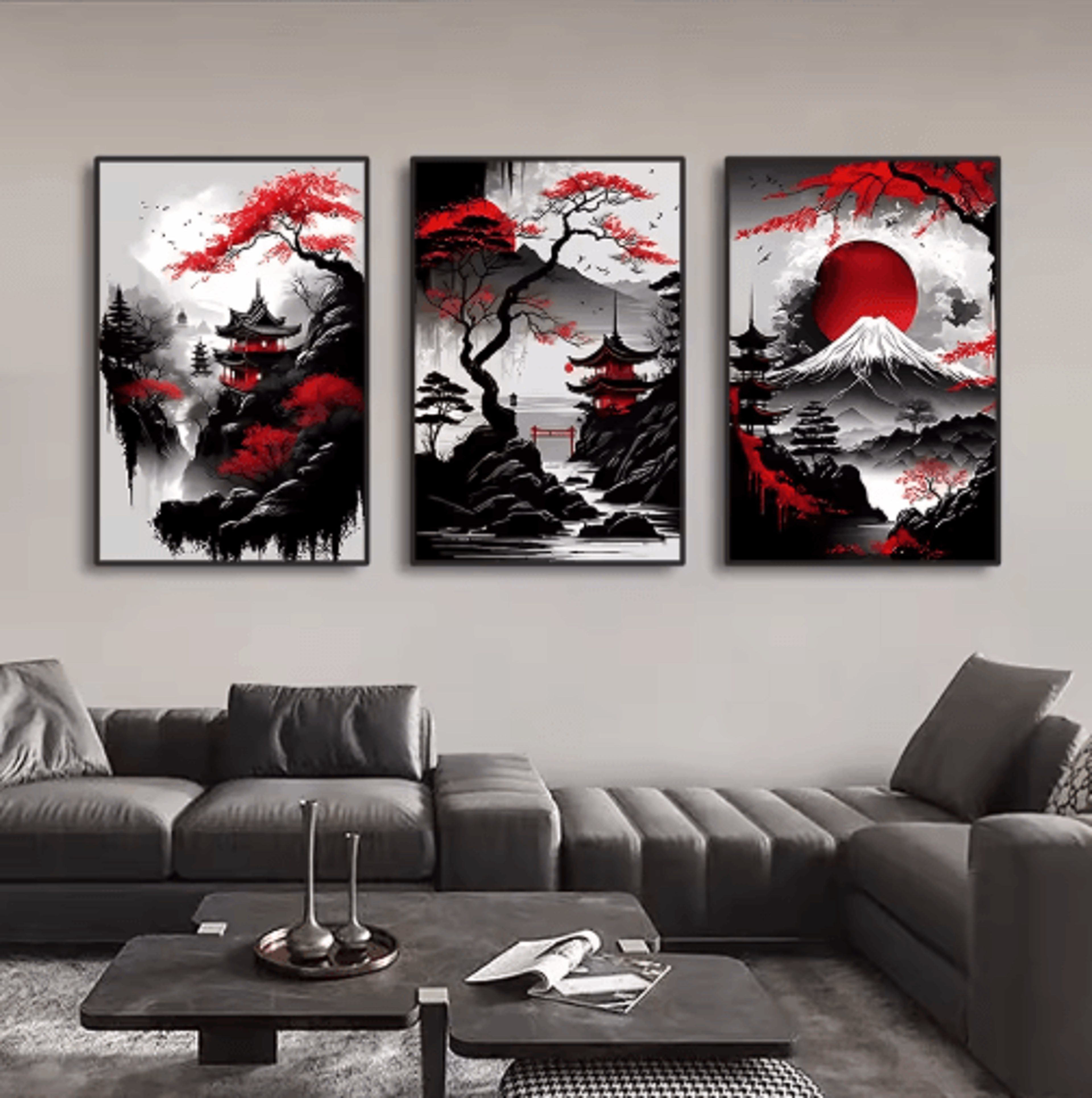 Vintage Japanese Landscape Wall Art Set Black  Red Oriental Canvas Prints 3PCS 1