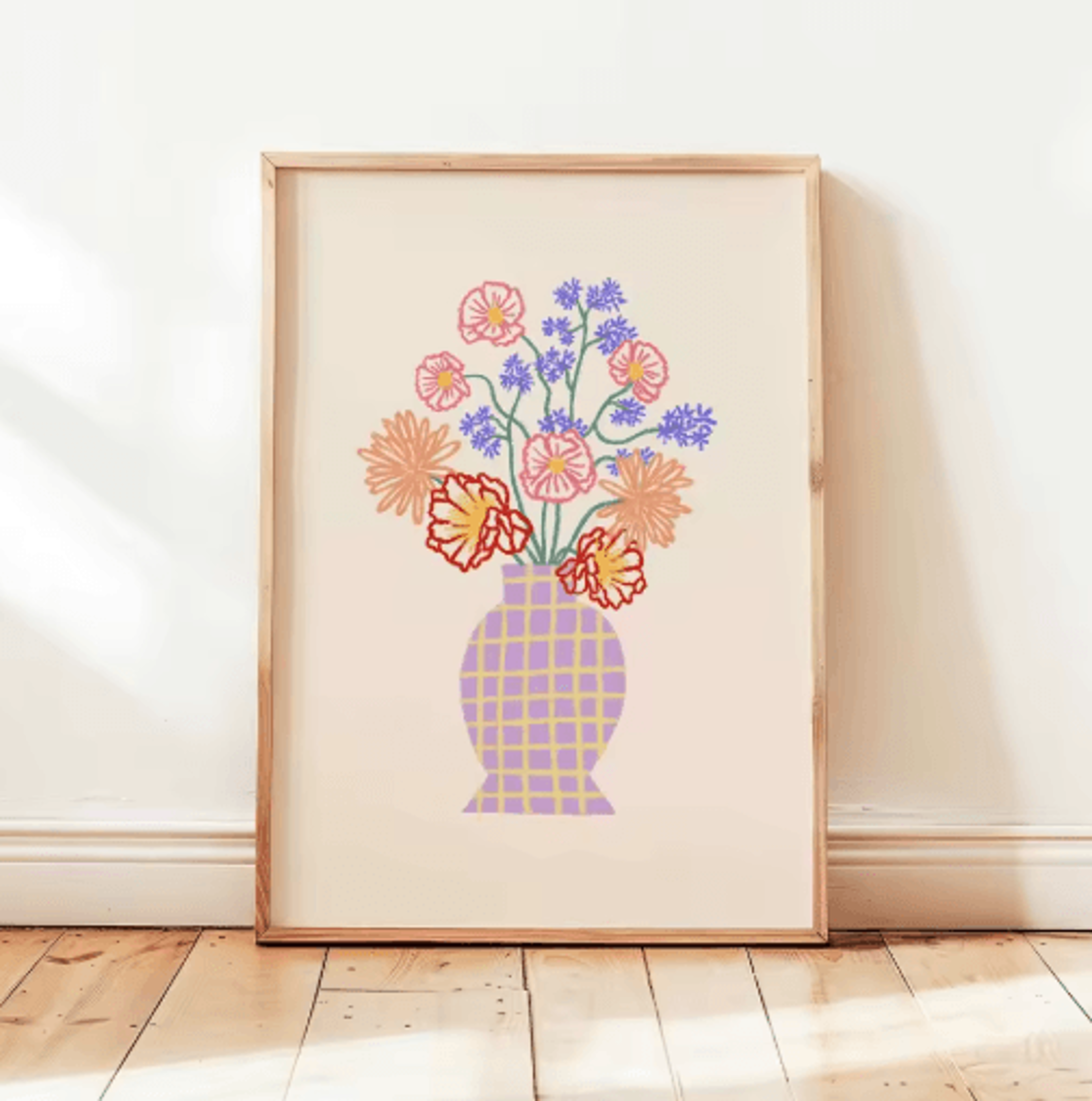 Retro Beige Floral Line Wall Art Minimalist Neutral Canvas Print Frameless 5