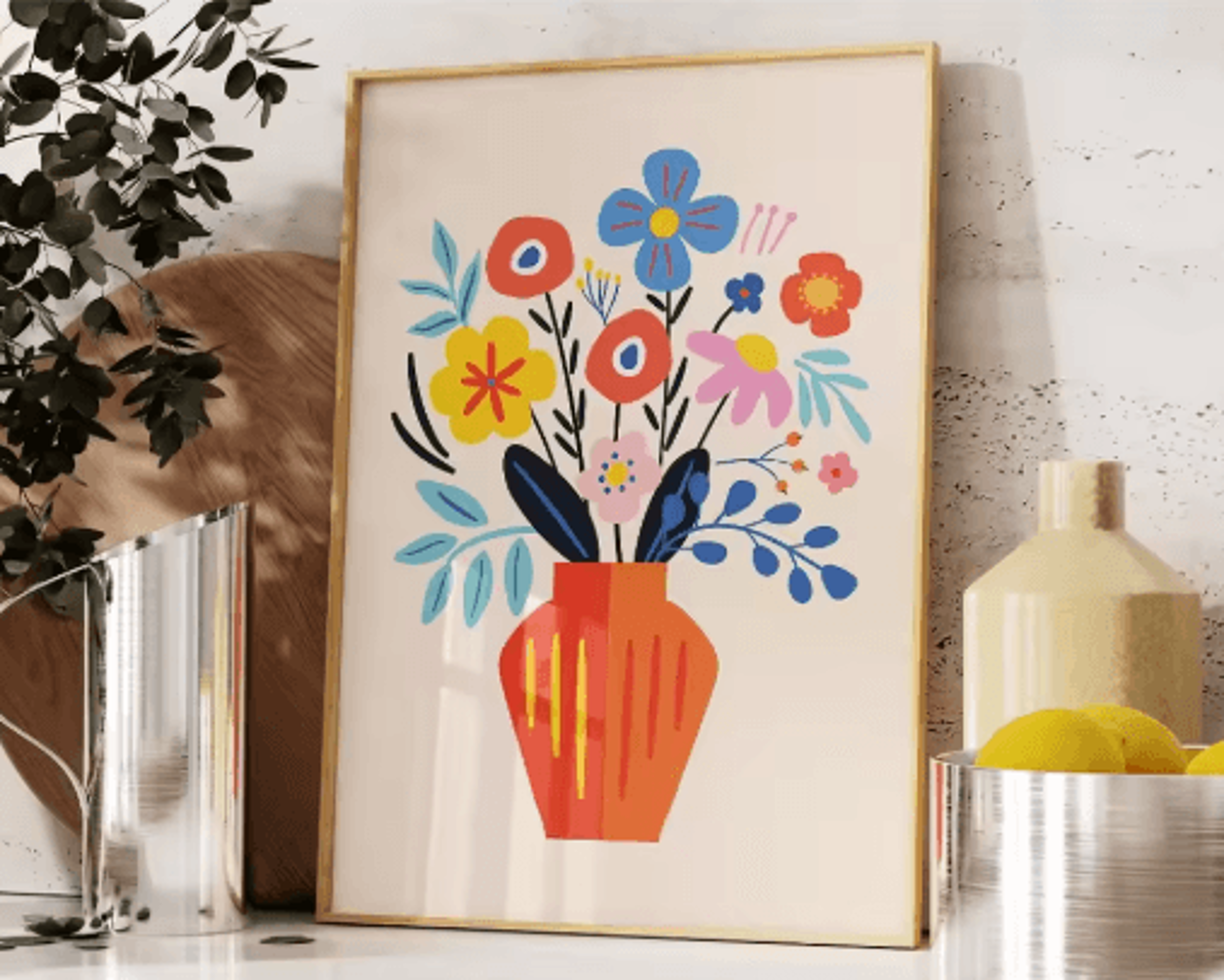 Retro Beige Floral Line Wall Art Minimalist Neutral Canvas Print Frameless 18