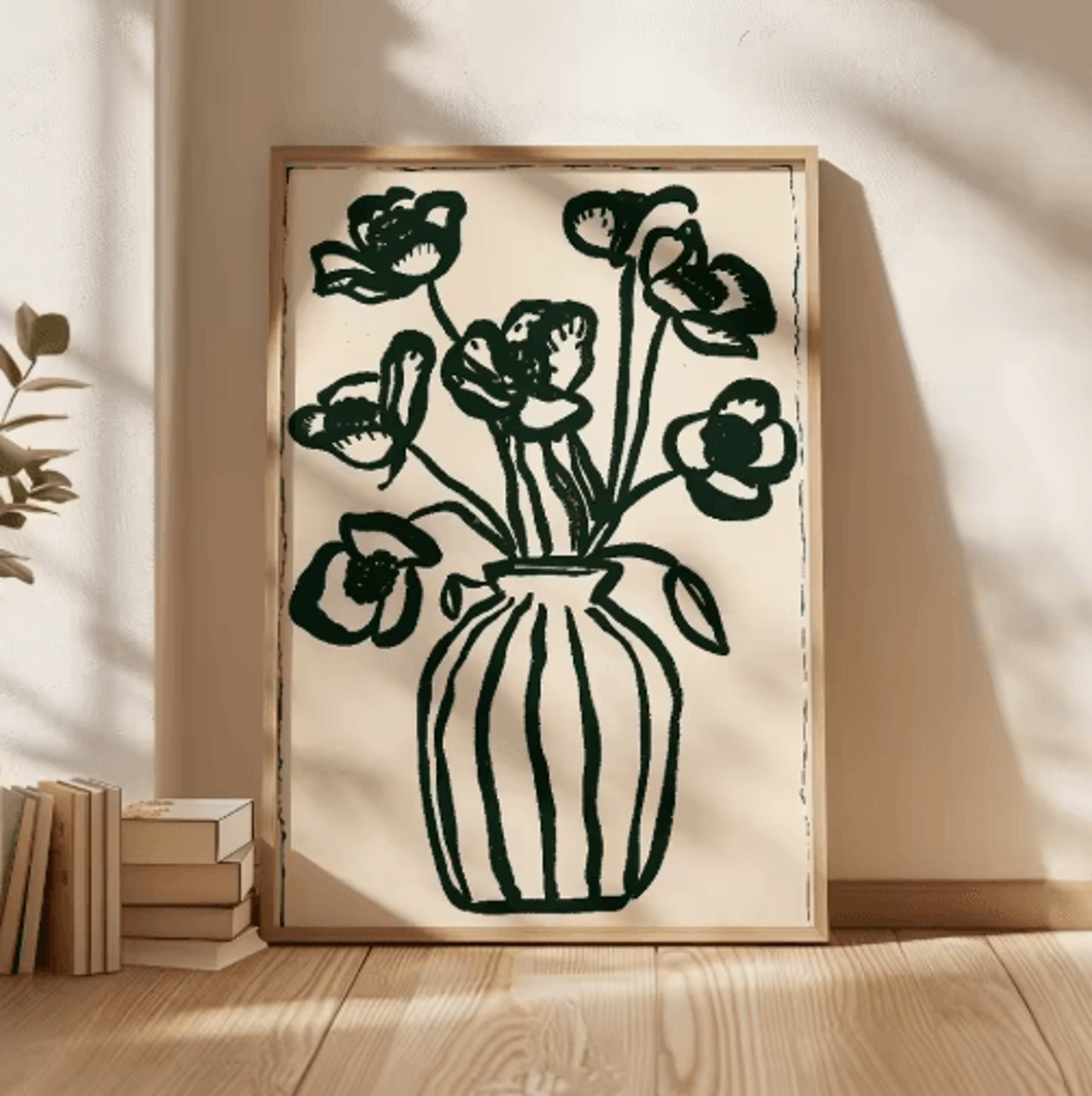 Retro Beige Floral Line Wall Art Minimalist Neutral Canvas Print Frameless 20