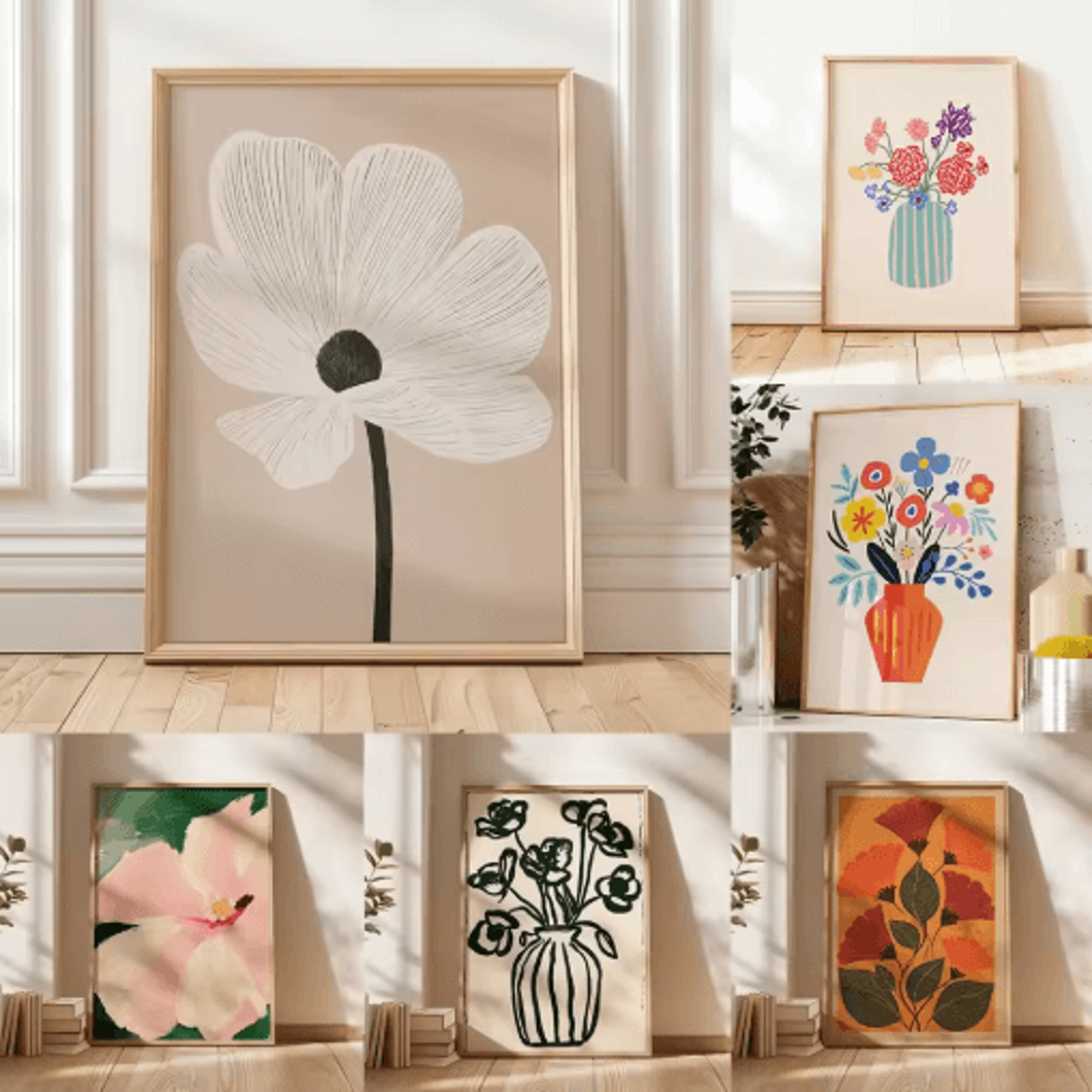 Retro Beige Floral Line Wall Art Minimalist Neutral Canvas Print Frameless 0