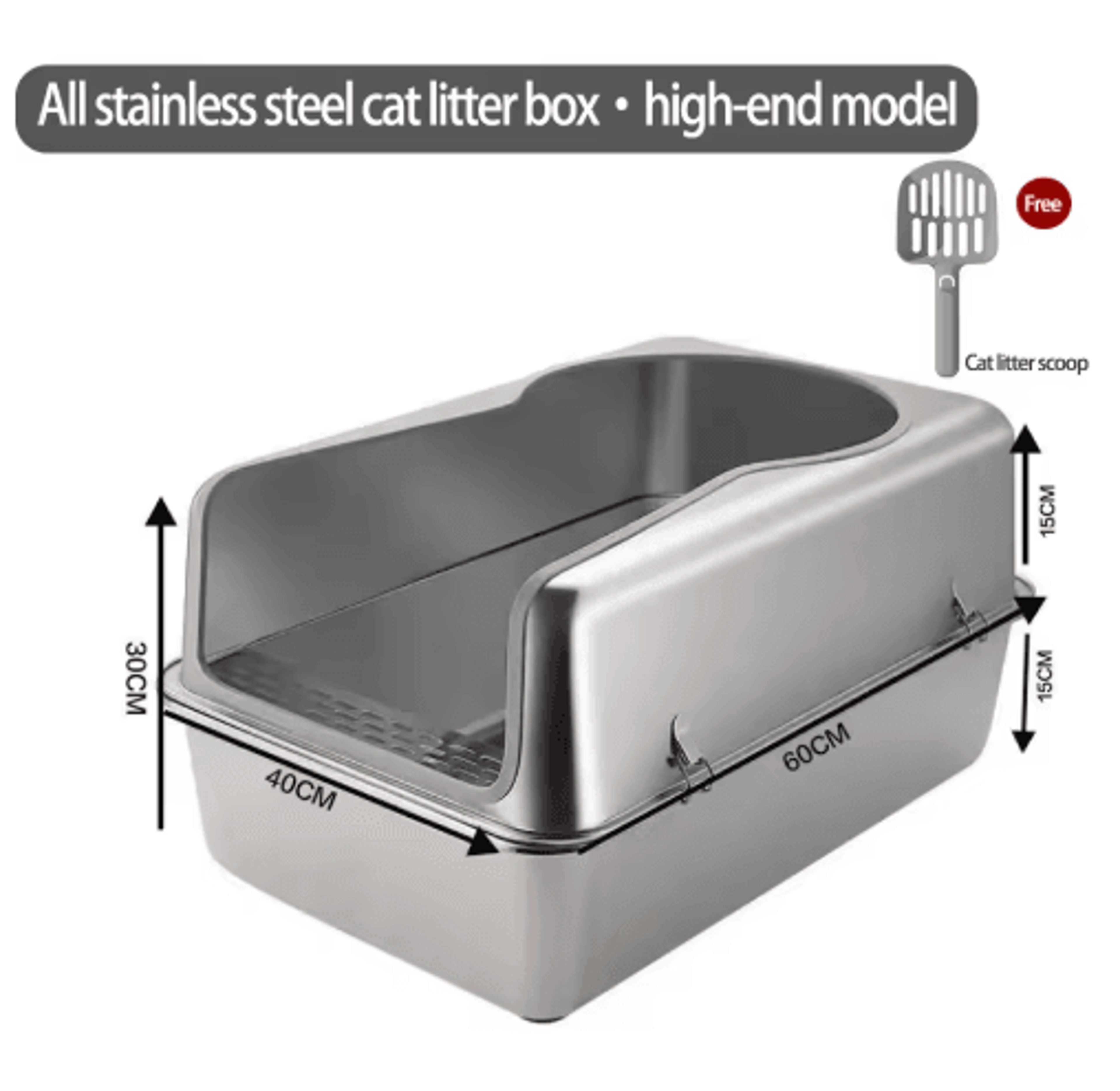 Stainless Steel HighSided Cat Litter Box With Lid  Scoop  LeakProof Large Cat Toilet 1