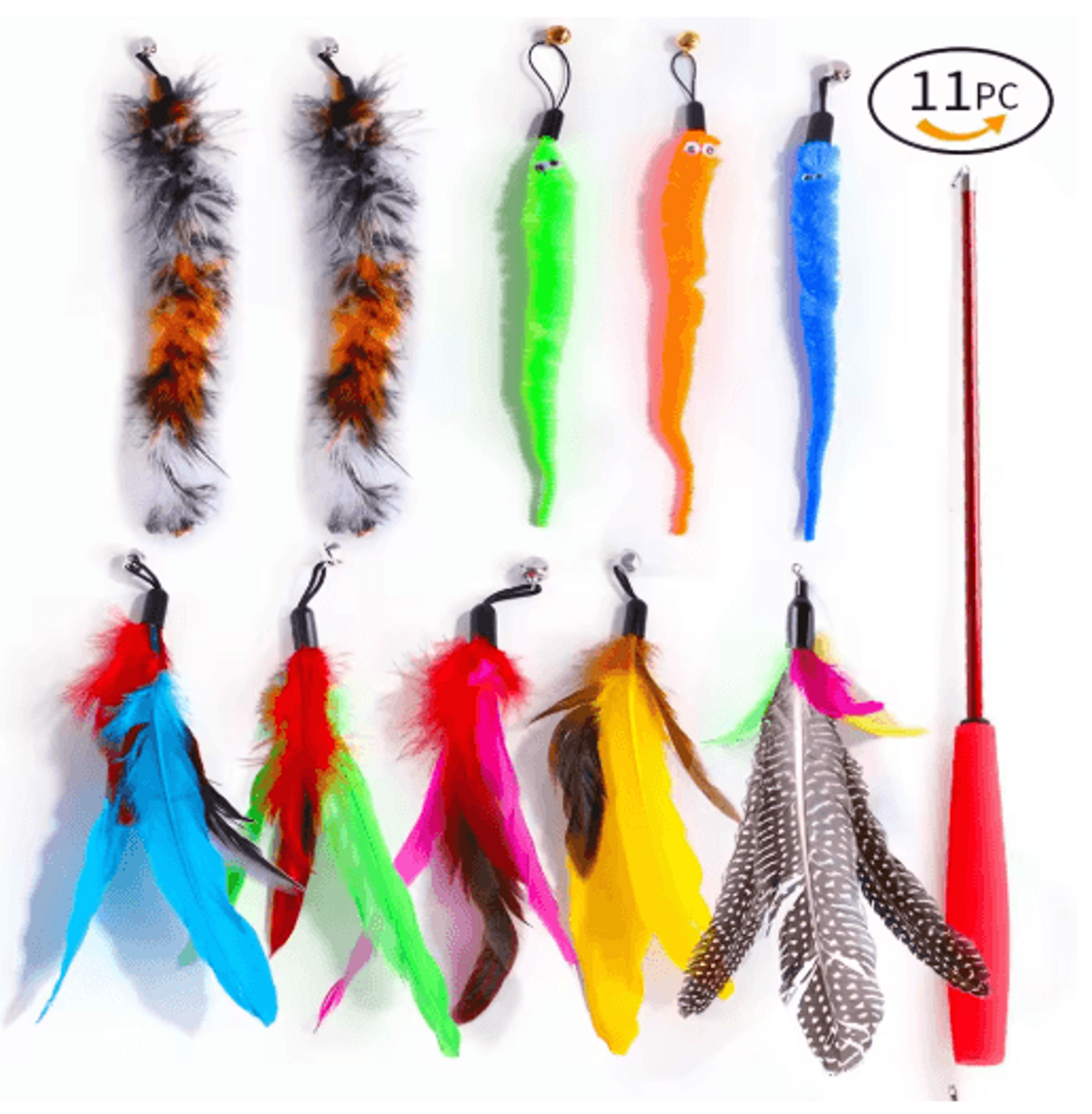 Retractable Cat Wand Toy Set  Feather Teaser With Caterpillar Replacement Heads 1