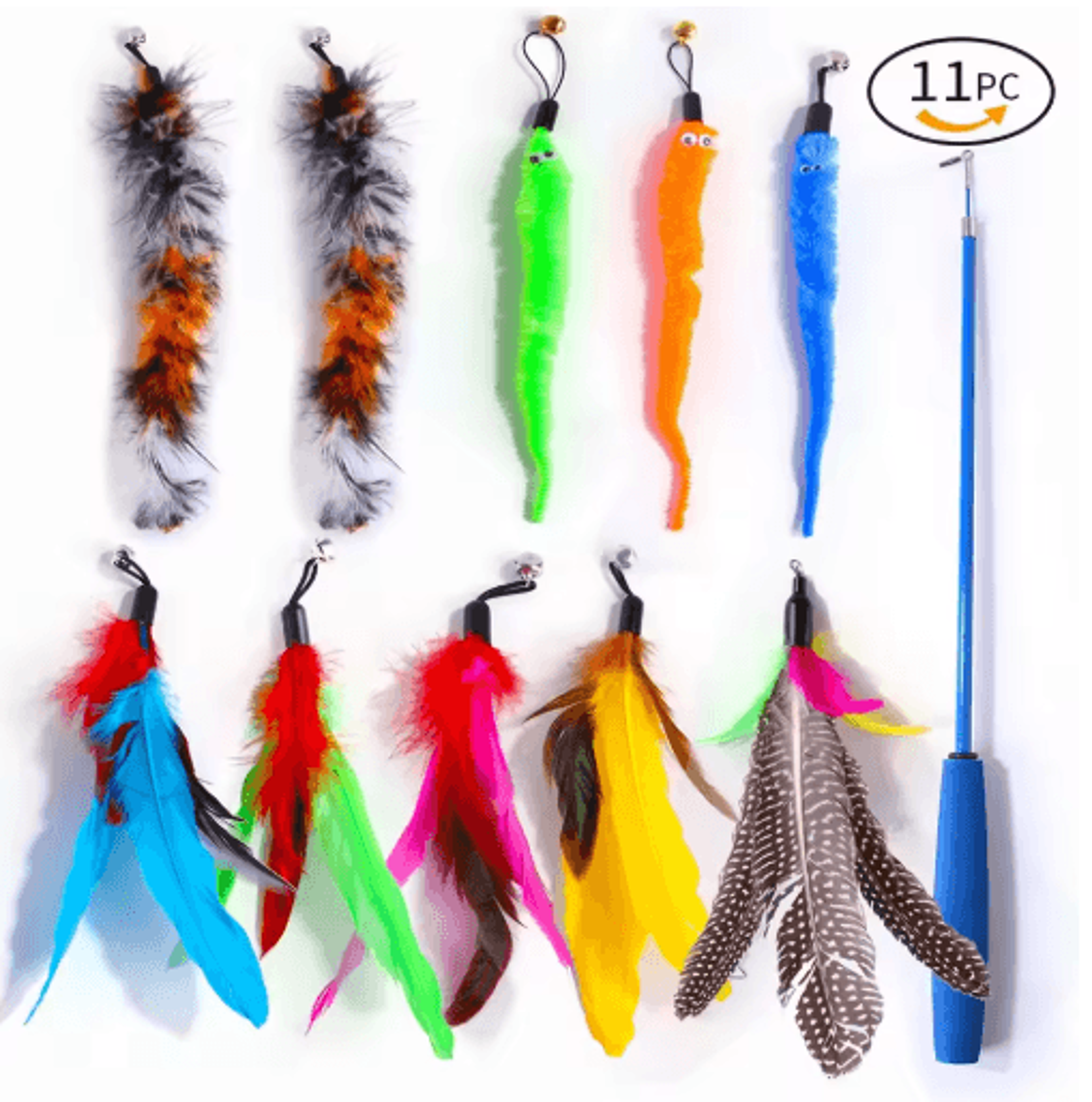 Retractable Cat Wand Toy Set  Feather Teaser With Caterpillar Replacement Heads 2