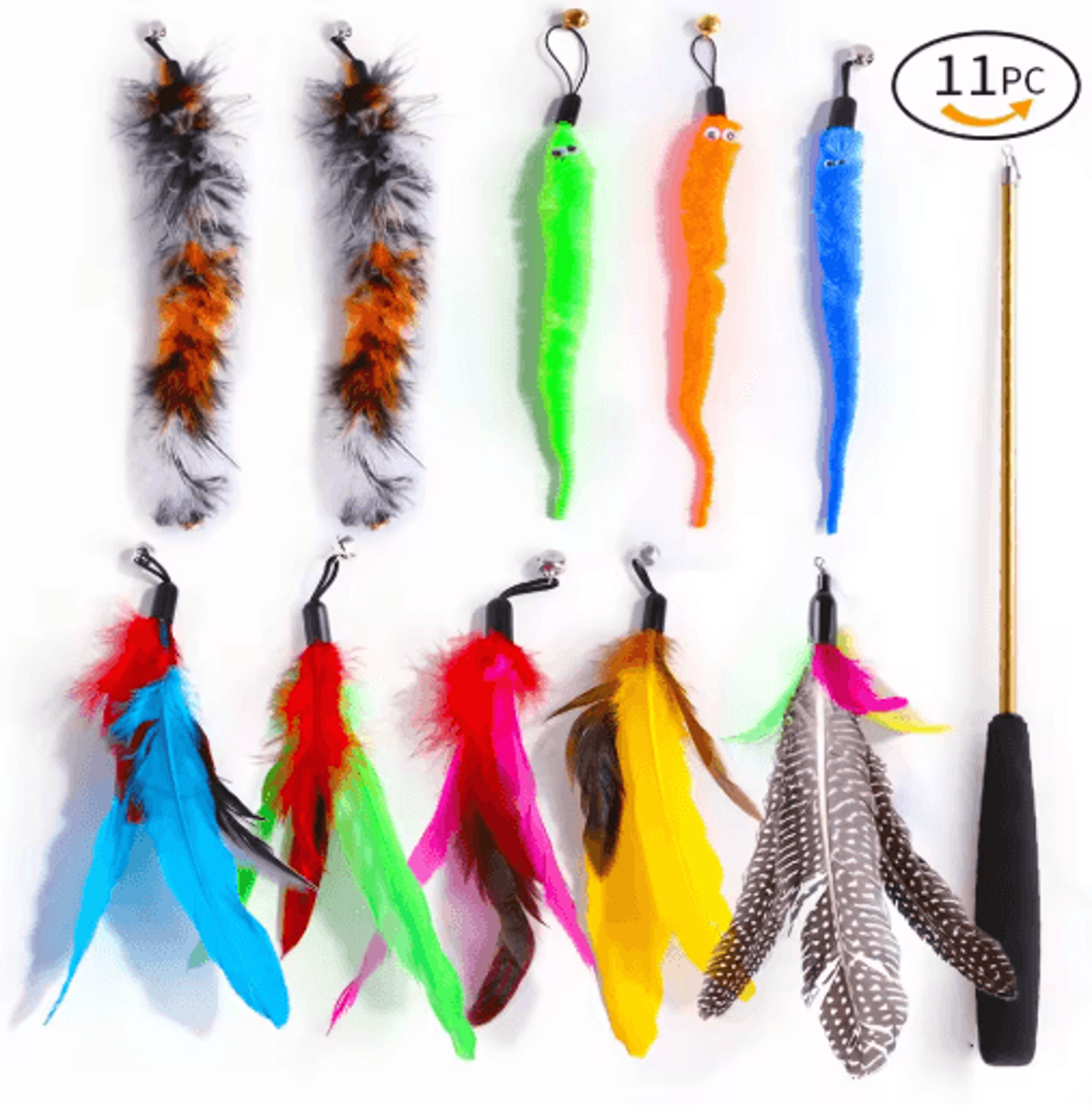 Retractable Cat Wand Toy Set  Feather Teaser With Caterpillar Replacement Heads 3