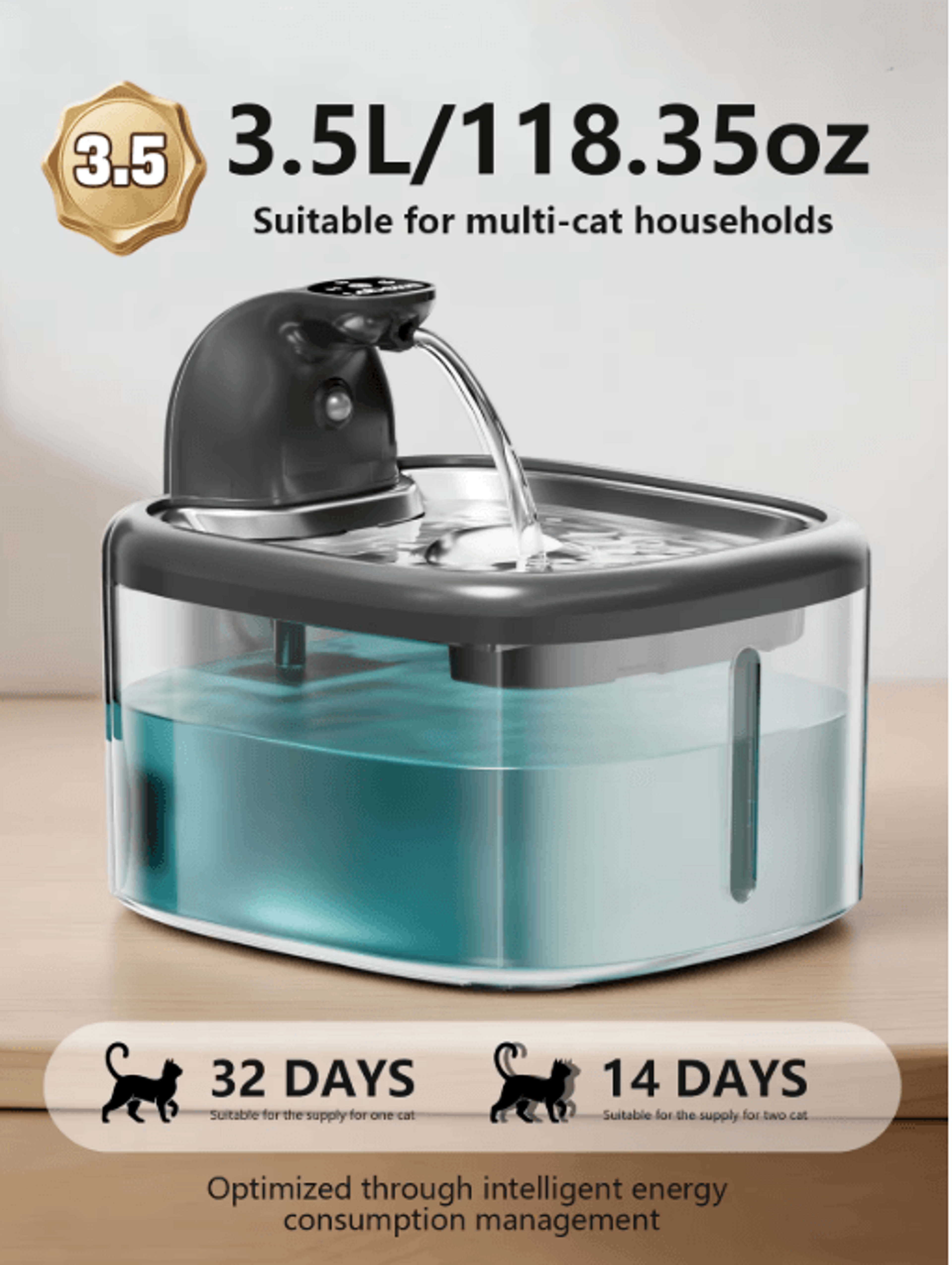 AquaSense 35L Wireless Cat Water Fountain With Motion Sensor  Stainless Steel Tray 7