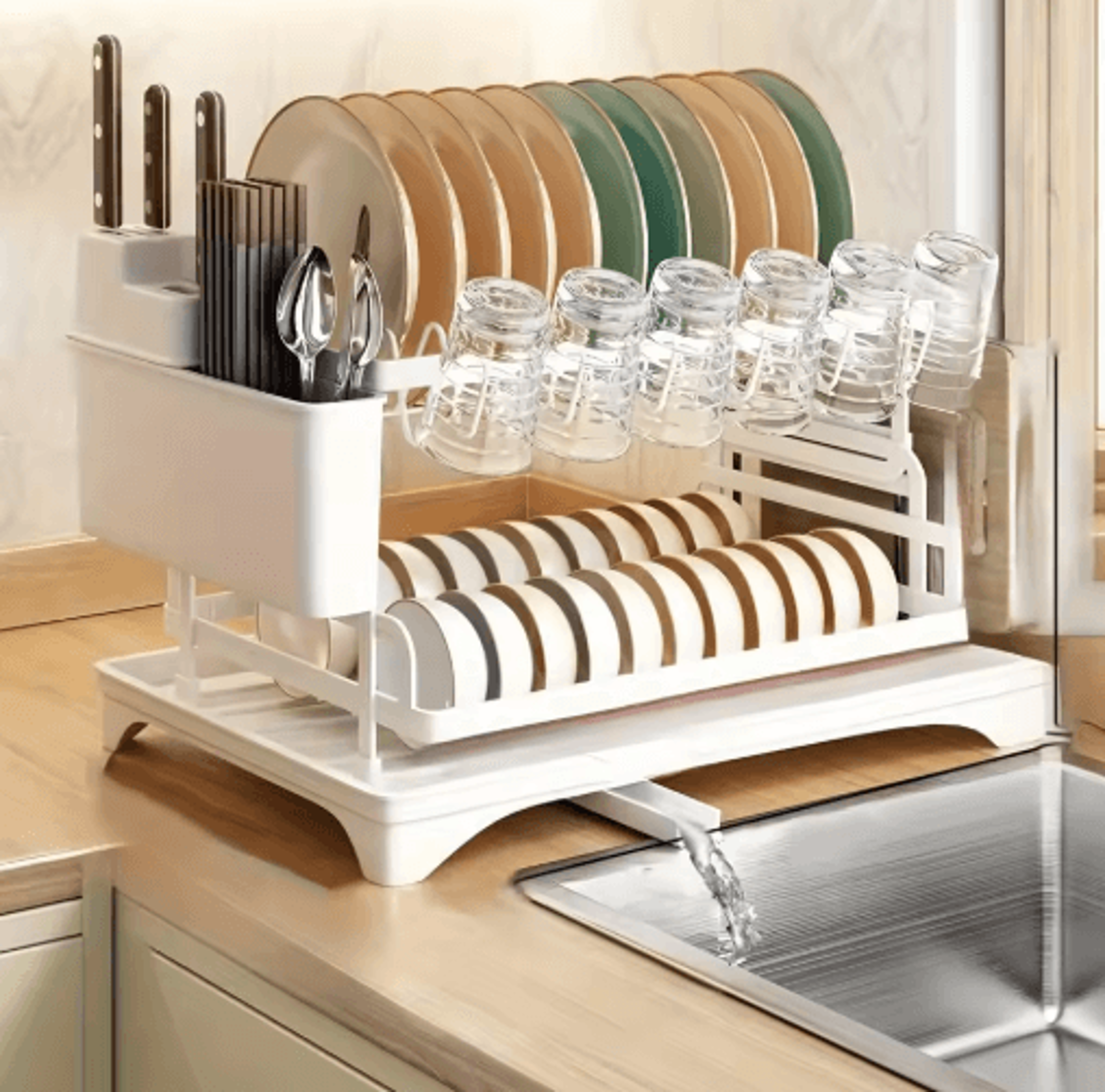 2-tier dish drying rack with drainboard for kitchen countertops
