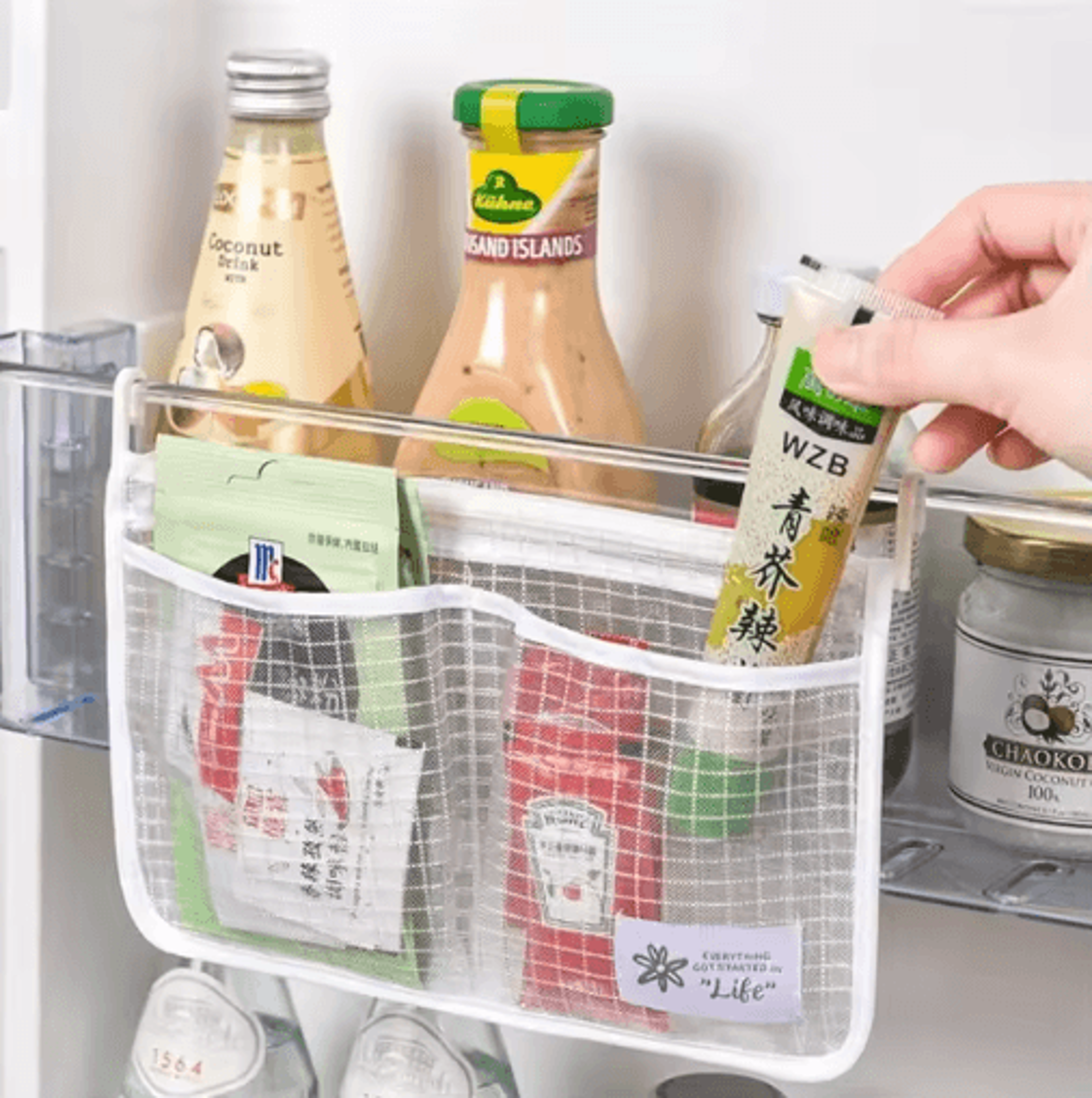 refrigerator hanging mesh storage bag with double compartments