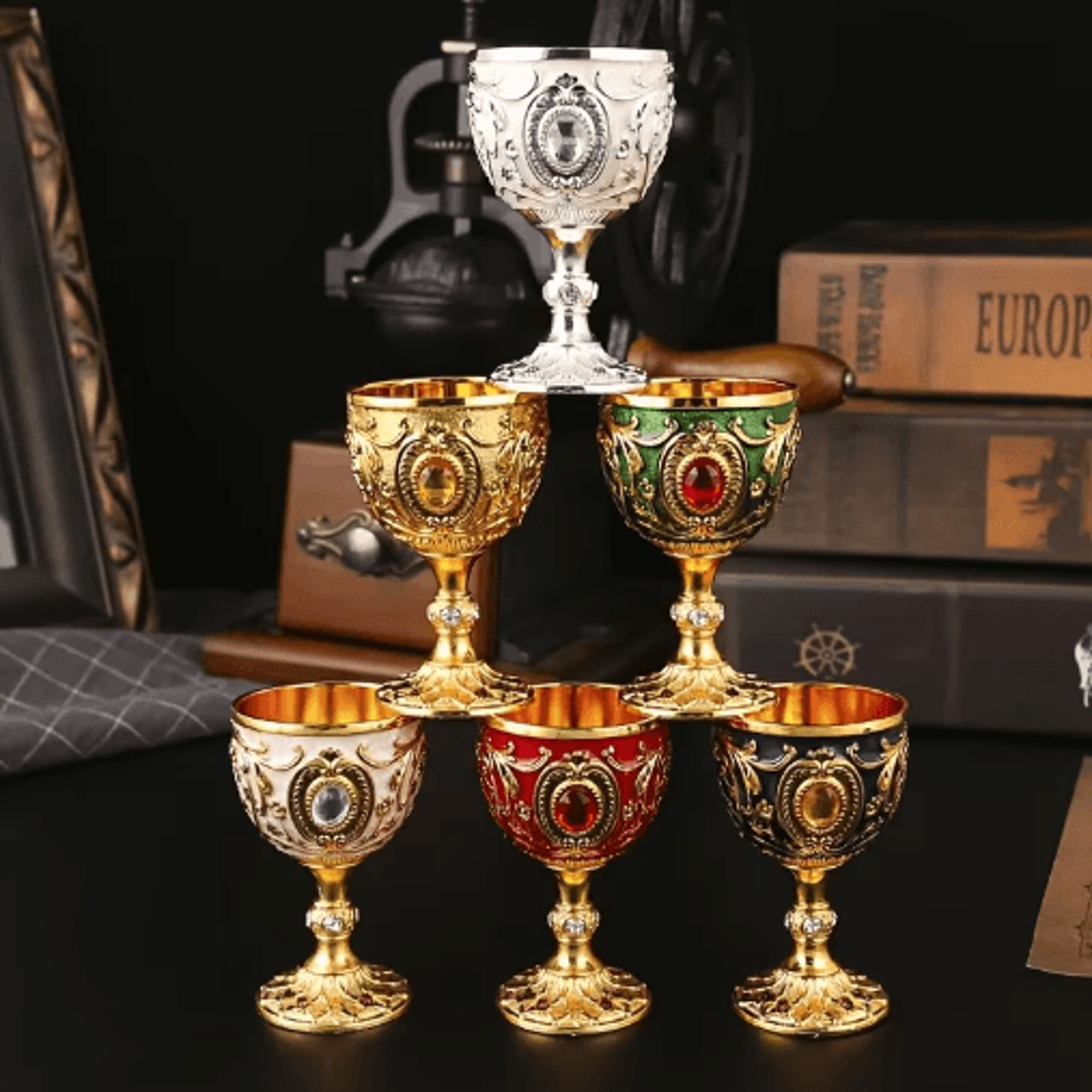 vintage medieval holy grail engraved metal goblet