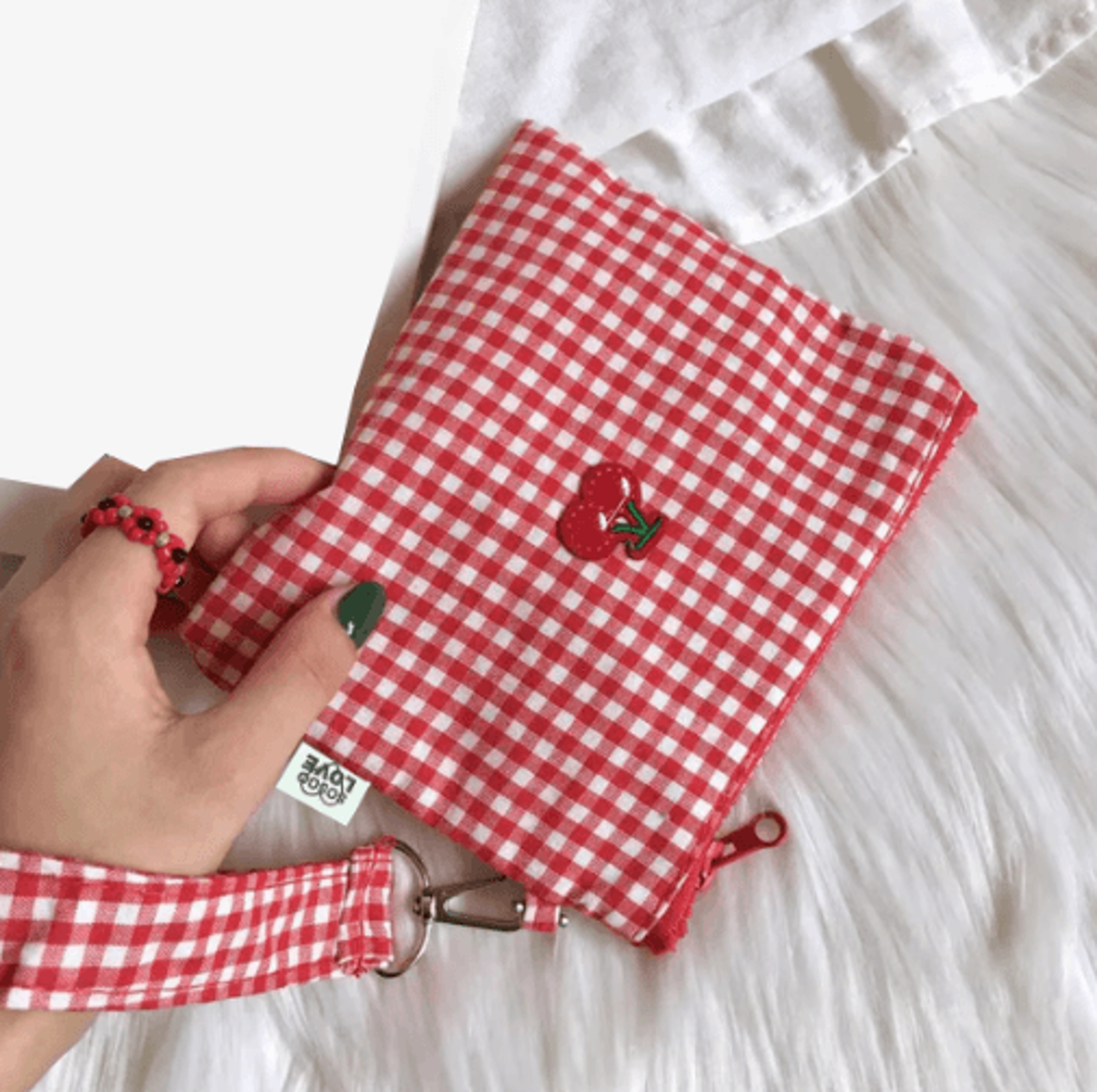 Red Cherry Canvas Makeup Bag  Large Capacity Plaid Cosmetic Pouch 4