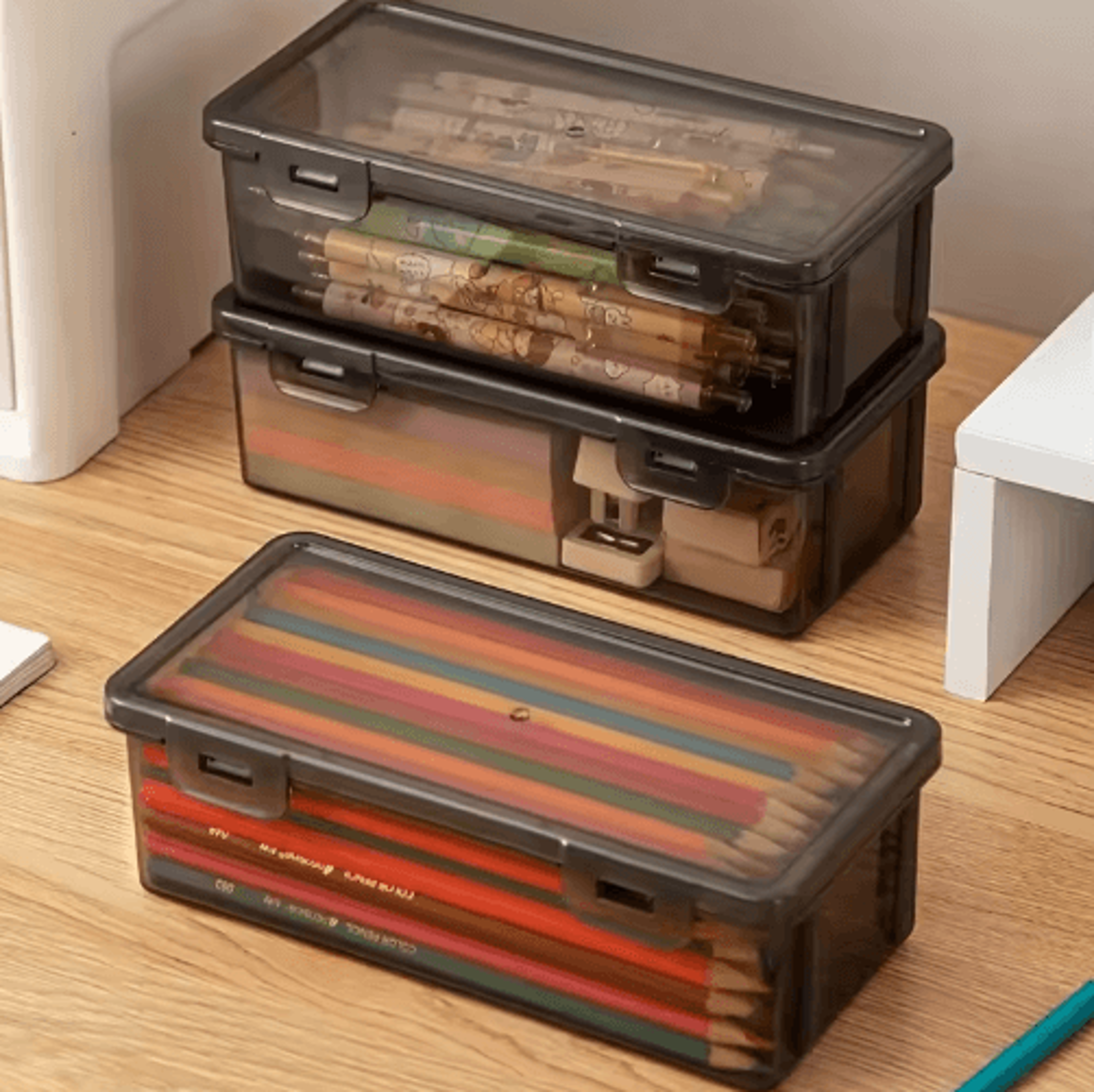 large-capacity desktop storage box – transparent black office supplies & pencil organizer