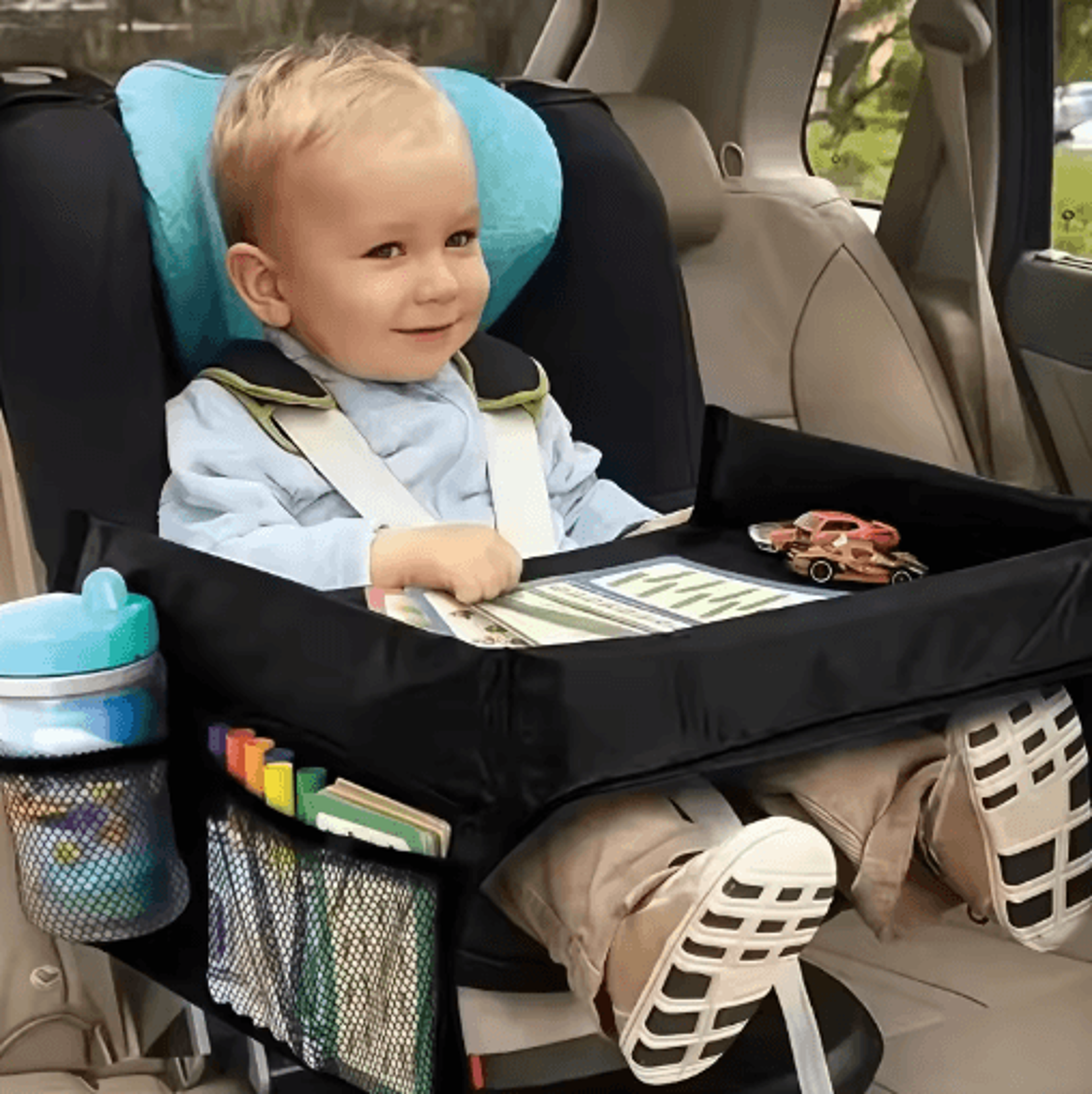 foldable expandable car seat travel tray – lightweight backseat organizer with storage pockets
