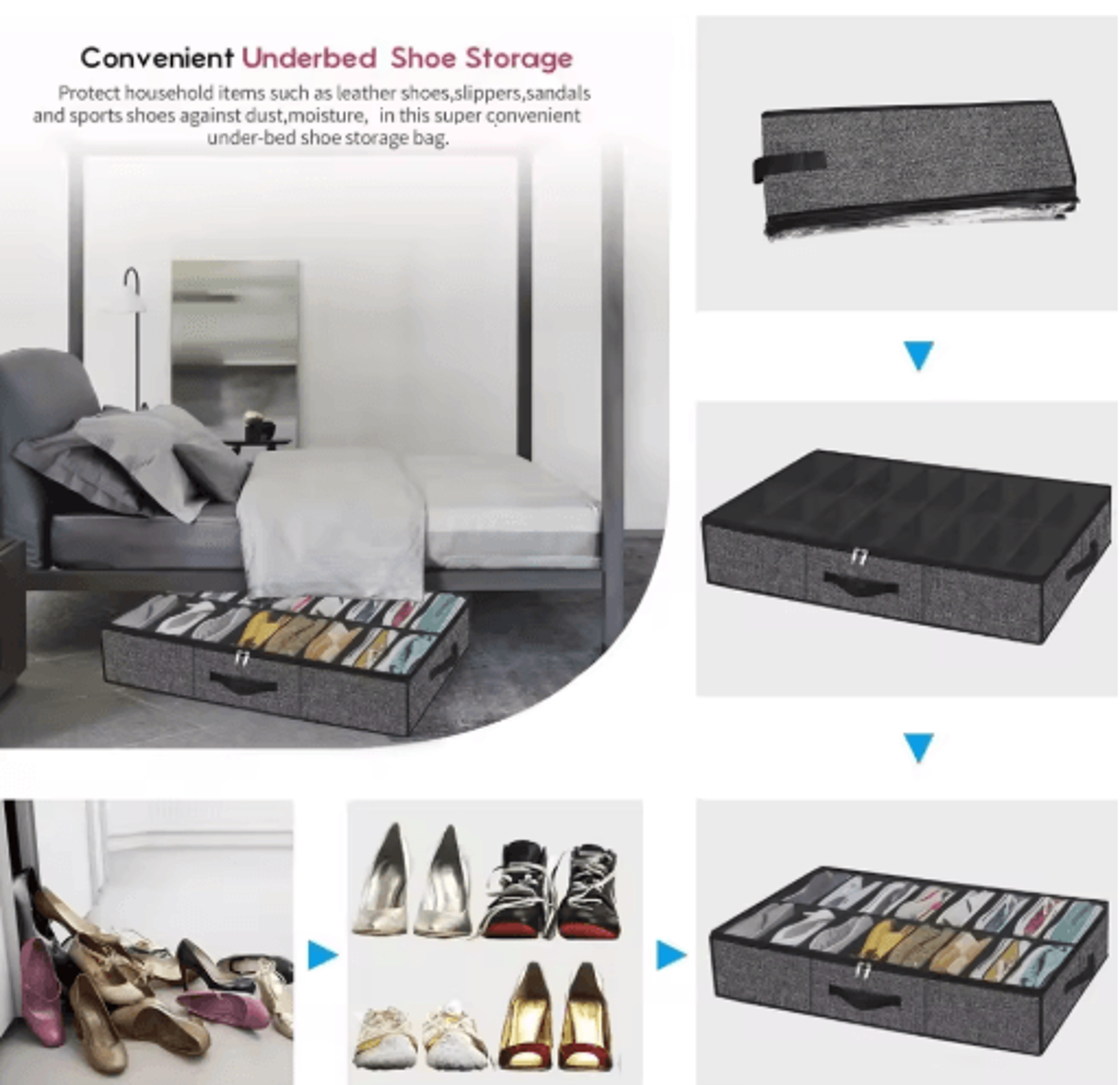 12Pair Under Bed Shoe Organizer  Collapsible Storage Box With Reinforced Handles 5