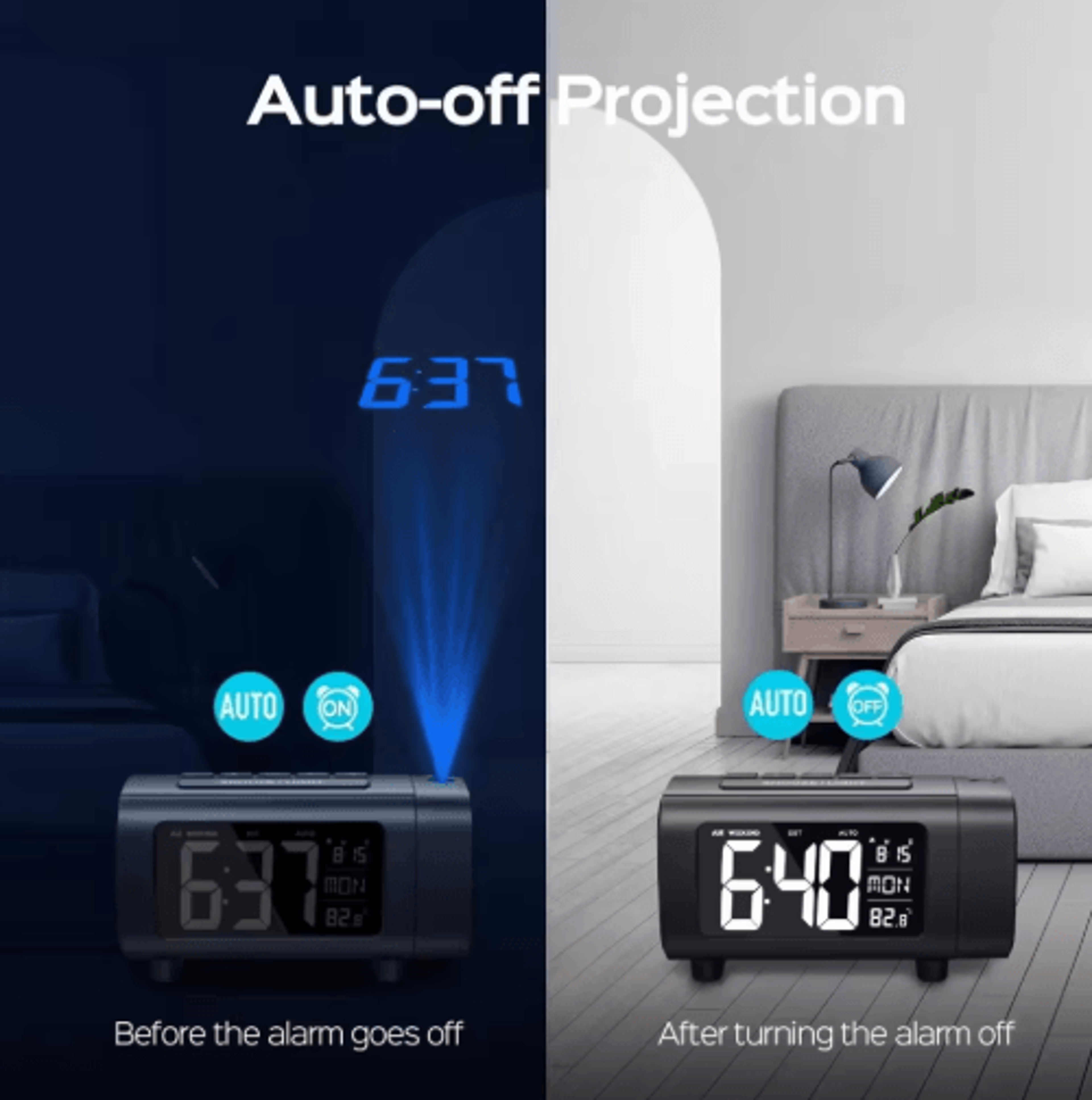180° projection alarm clock radio – digital bedside clock with usb charging