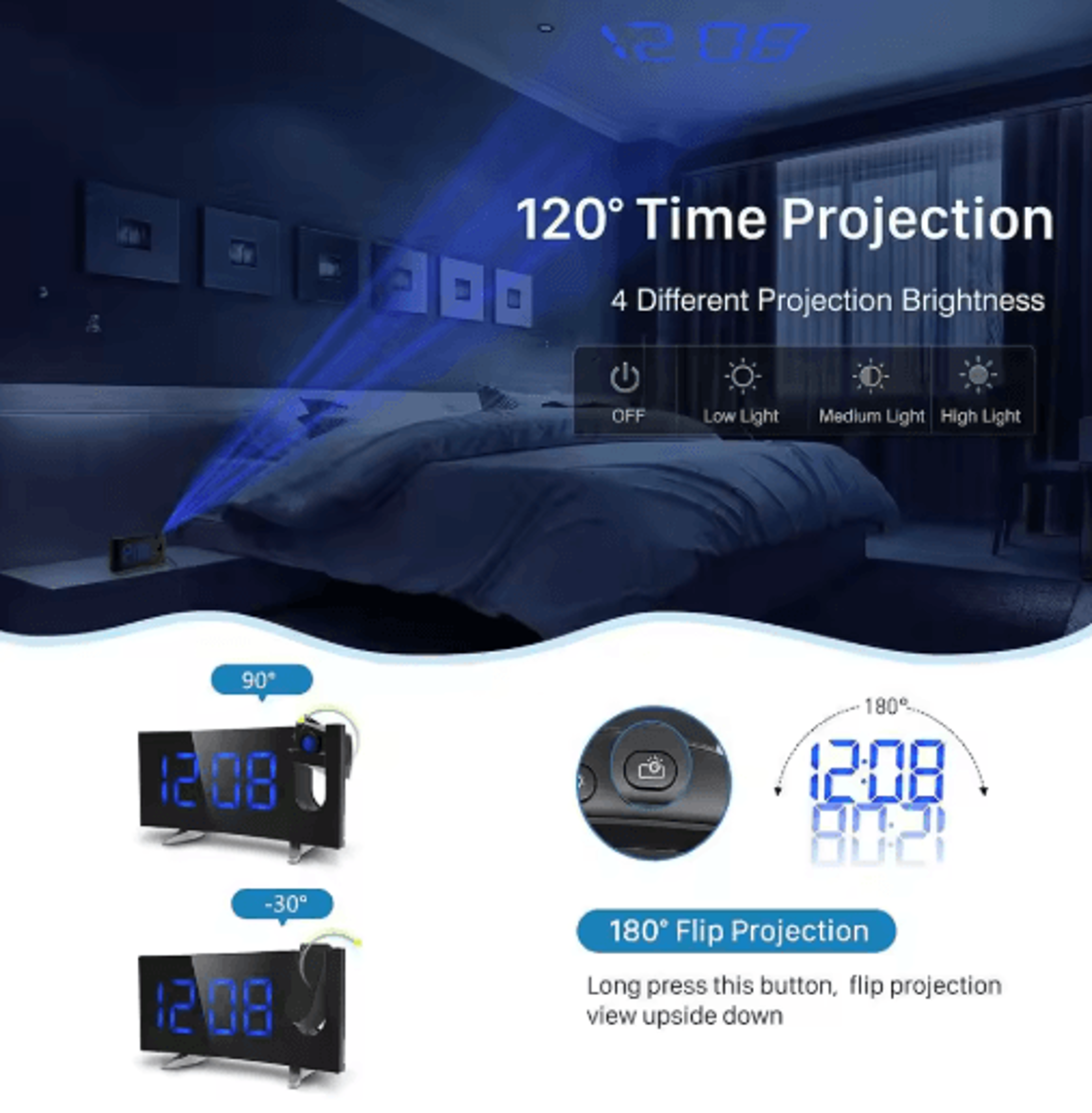 180 Projection Digital Alarm Clock  Large LED Bedroom Clock For Wall  Ceiling 7