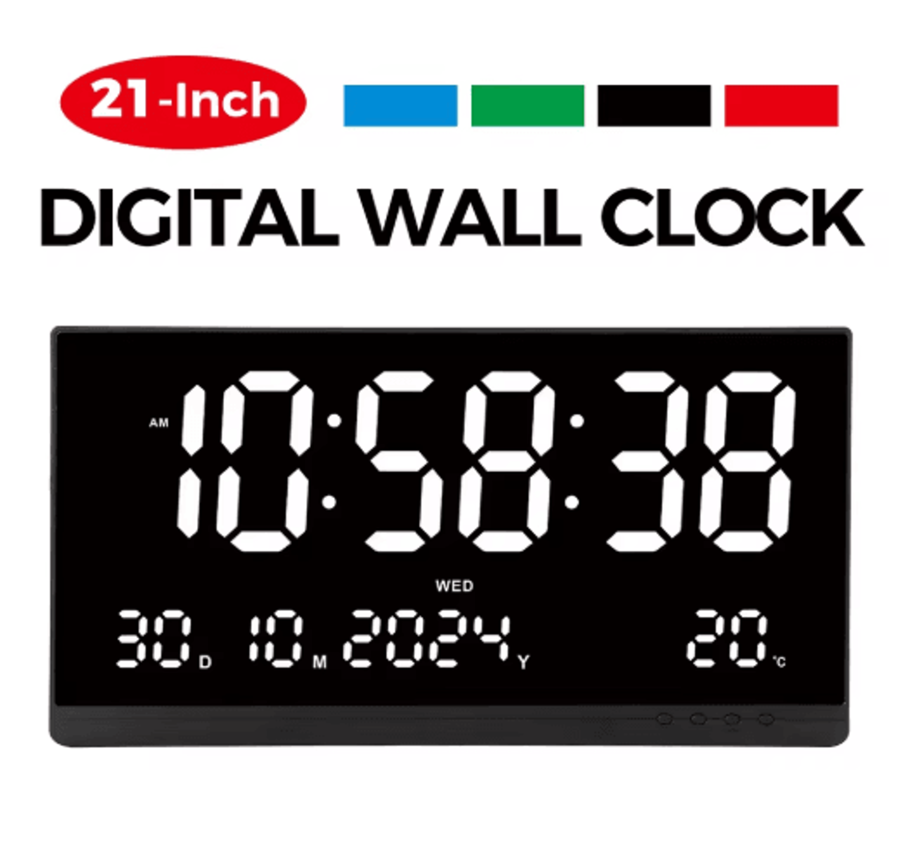 21 large digital wall clock – led calendar, temperature & alarm display
