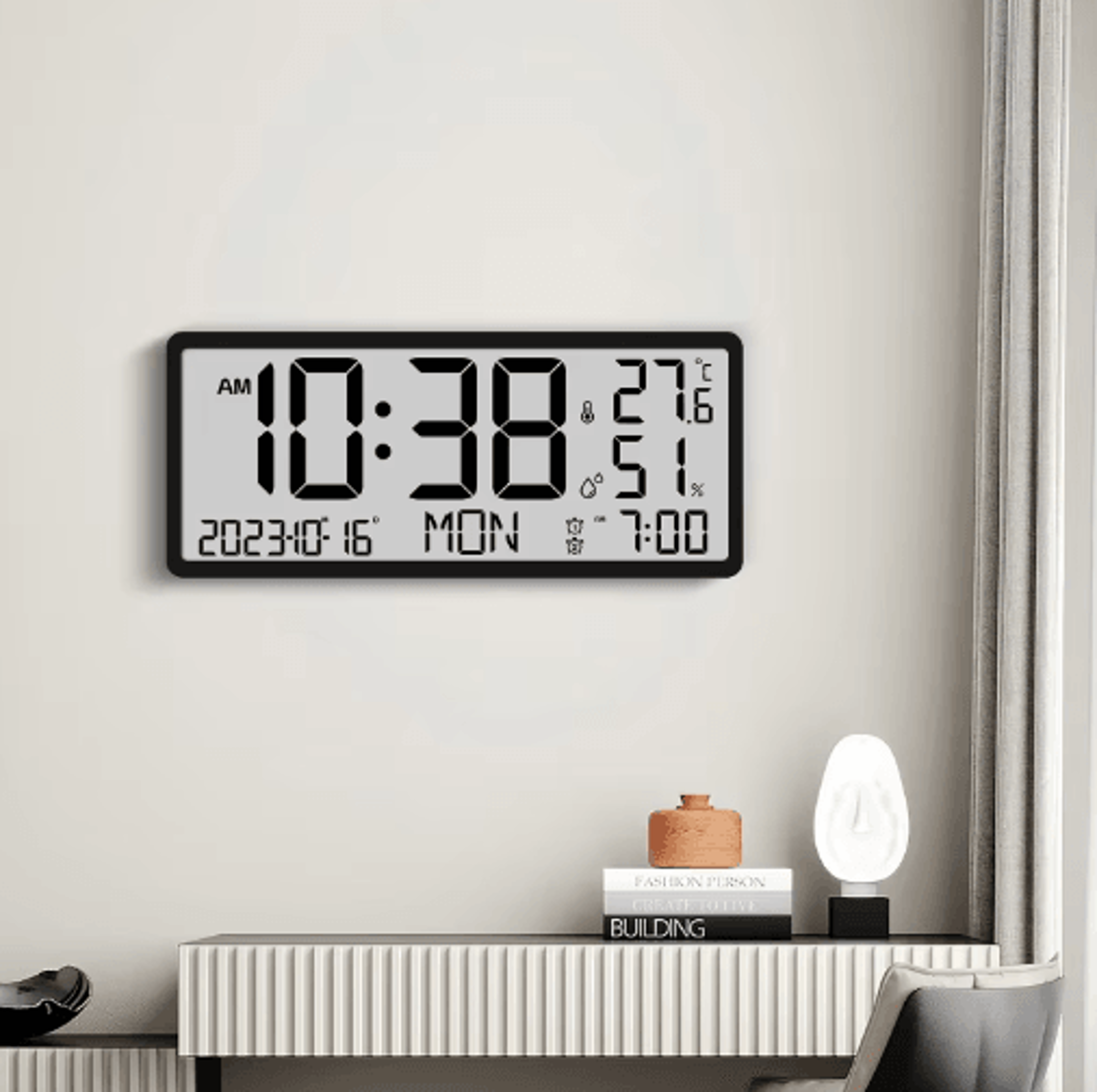 Large LCD Wall Clock  Temperature Humidity  Multifunctional Alarm Display 5