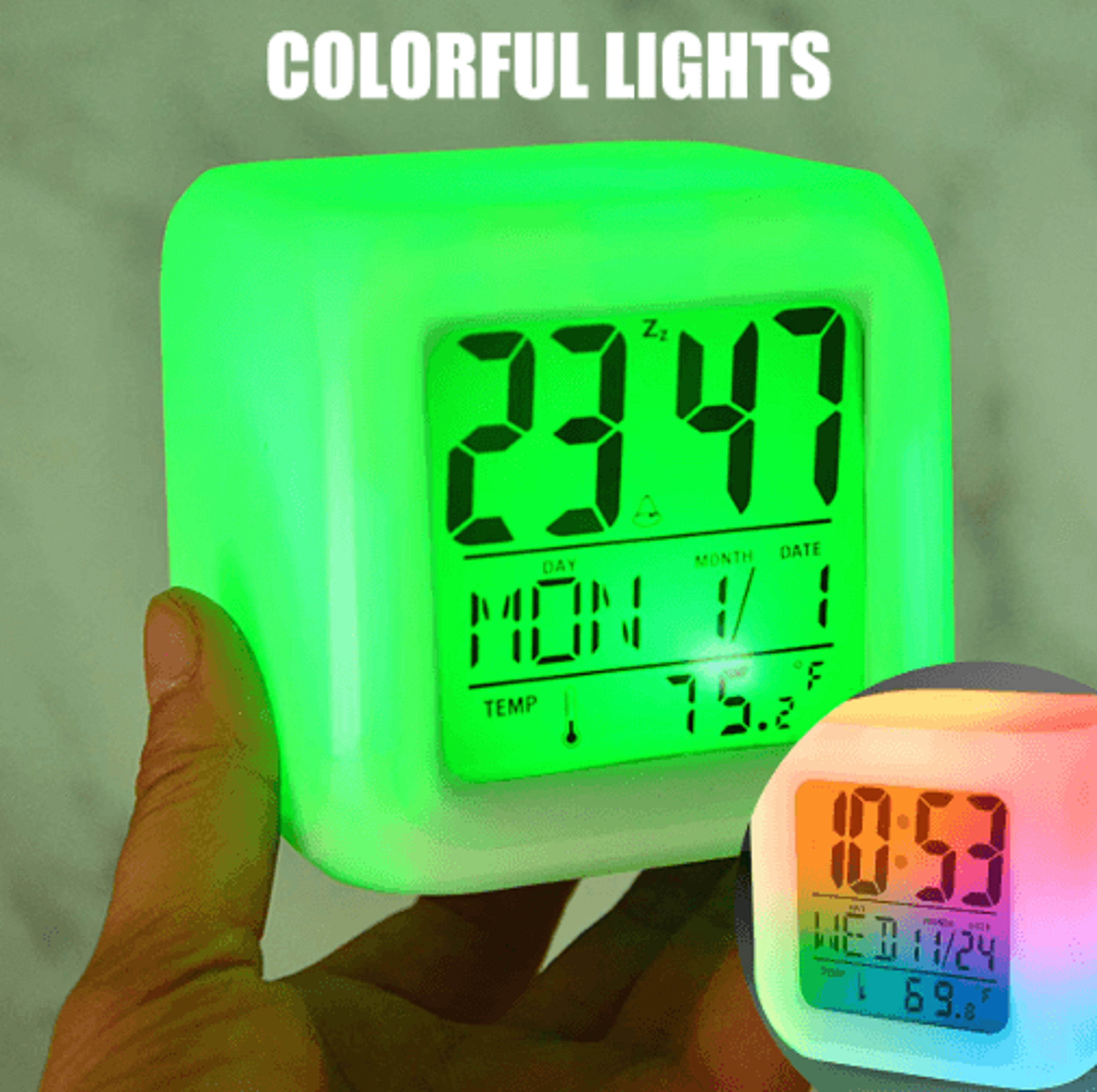 Mini LED Cube Alarm Clock  Colorful Light Clock With Calendar  Temperature Display 6