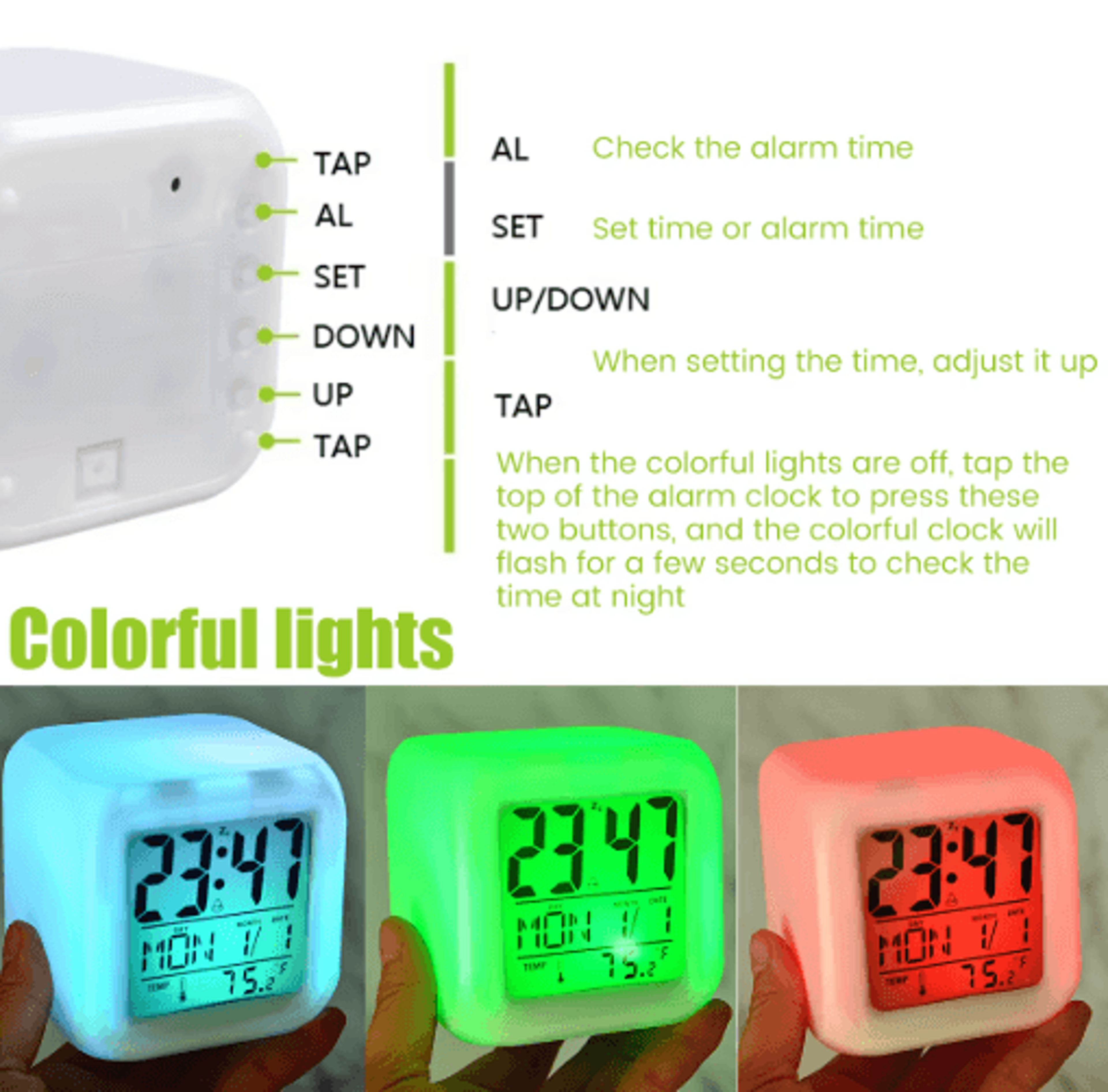 Mini LED Cube Alarm Clock  Colorful Light Clock With Calendar  Temperature Display 4