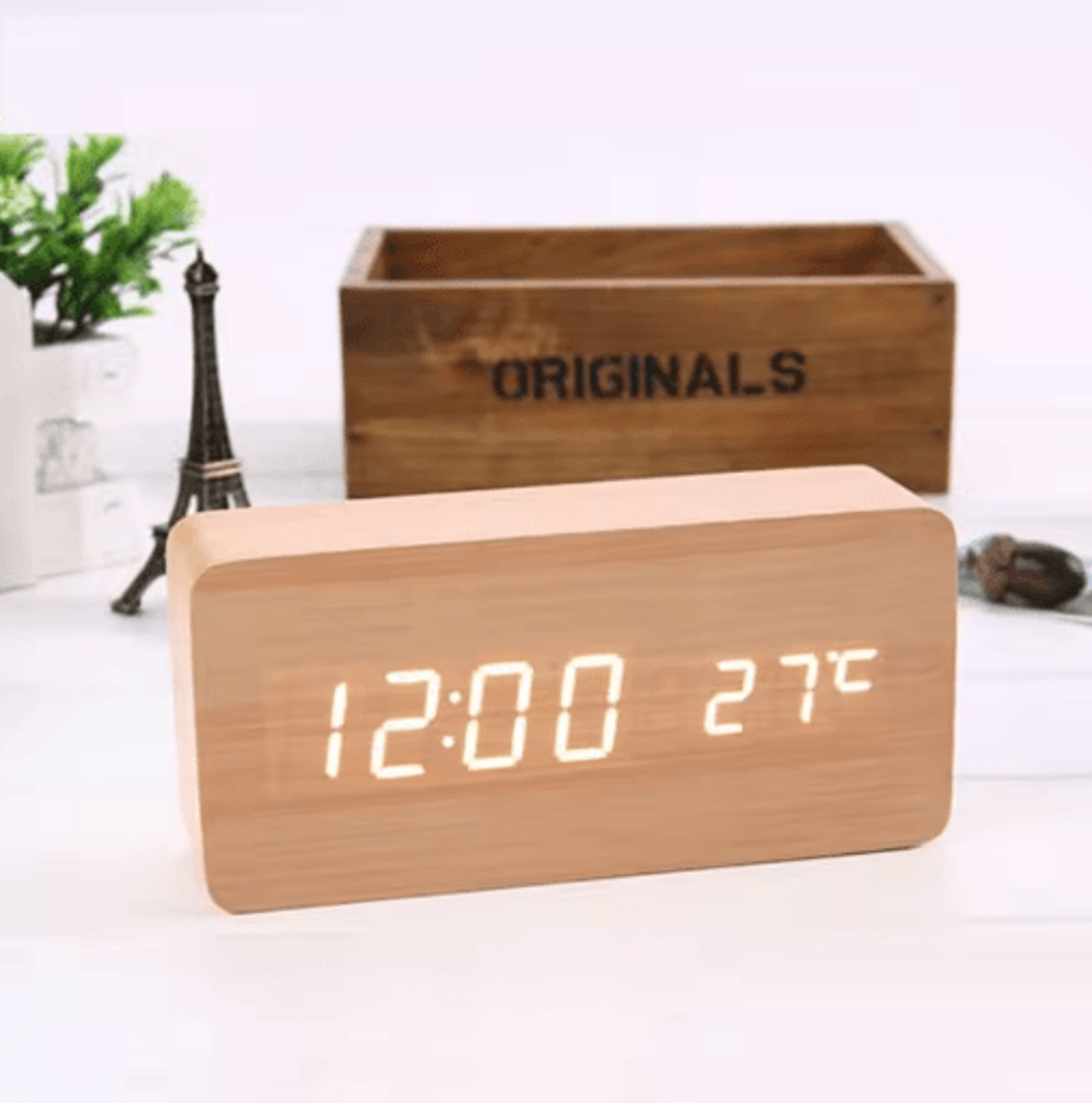 Wood Square Digital Alarm Clock  Voice Control LED Desk Clock With Snooze 6