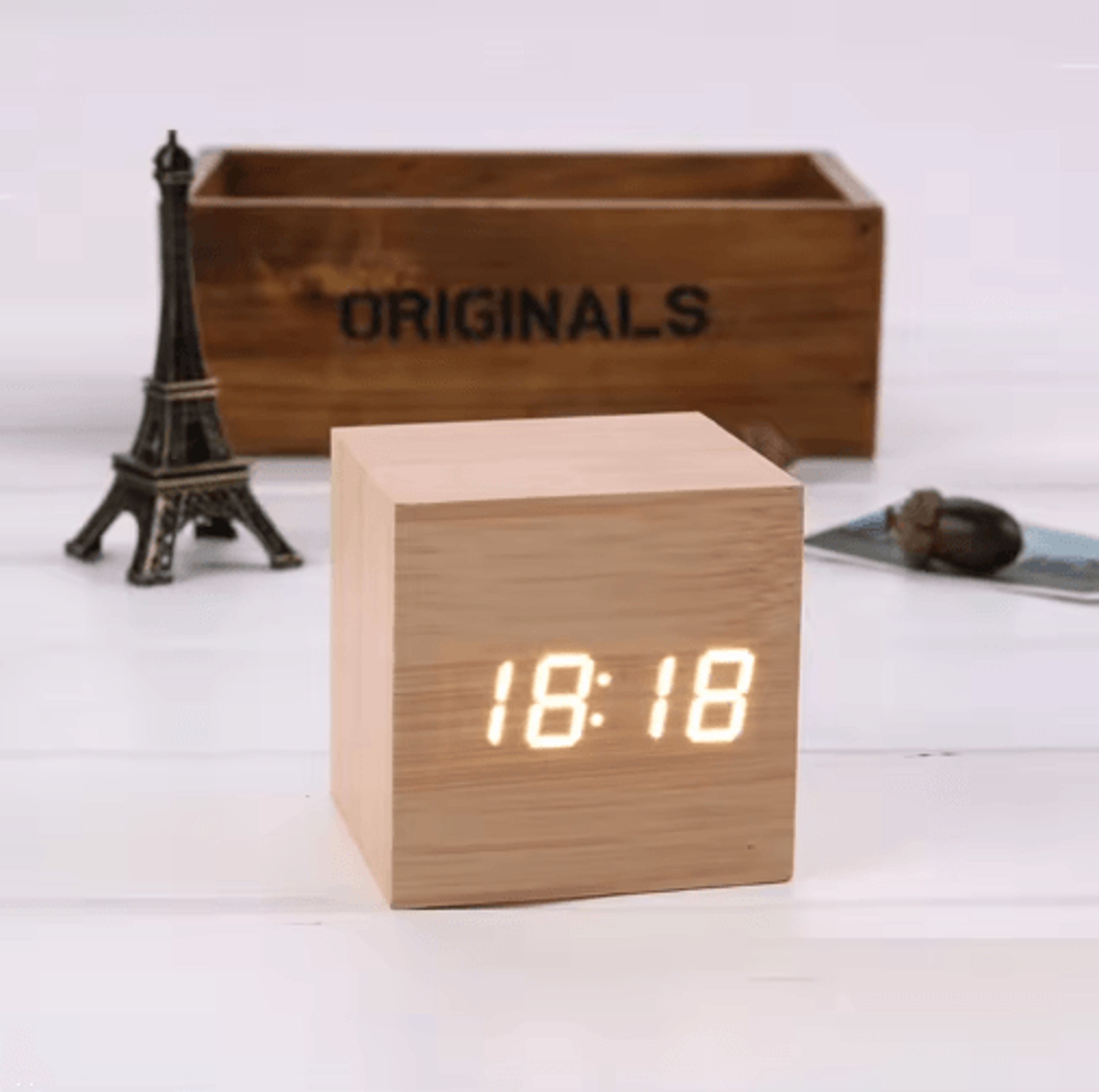 Wood Square Digital Alarm Clock  Voice Control LED Desk Clock With Snooze 5