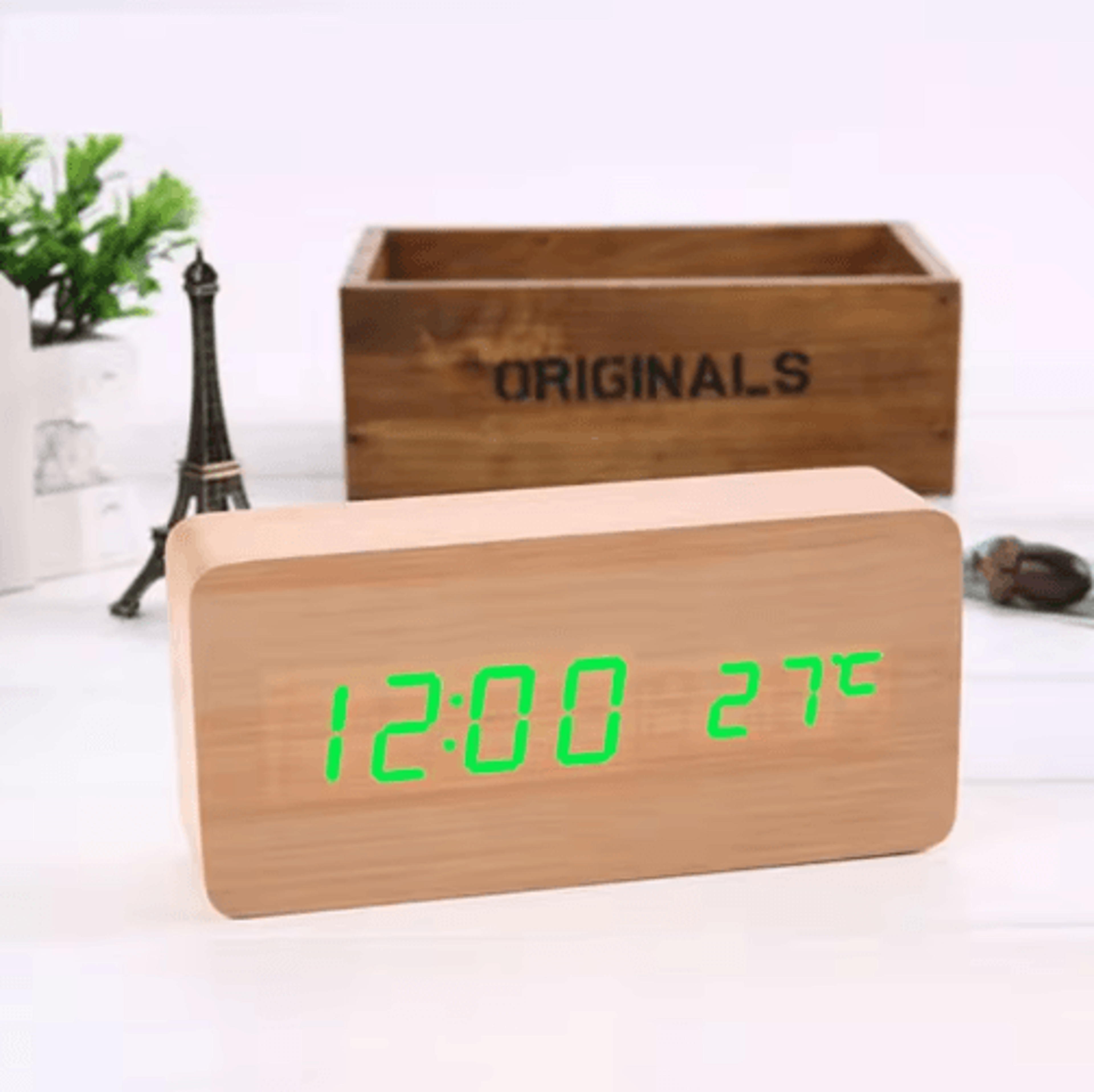 Wood Square Digital Alarm Clock  Voice Control LED Desk Clock With Snooze 3