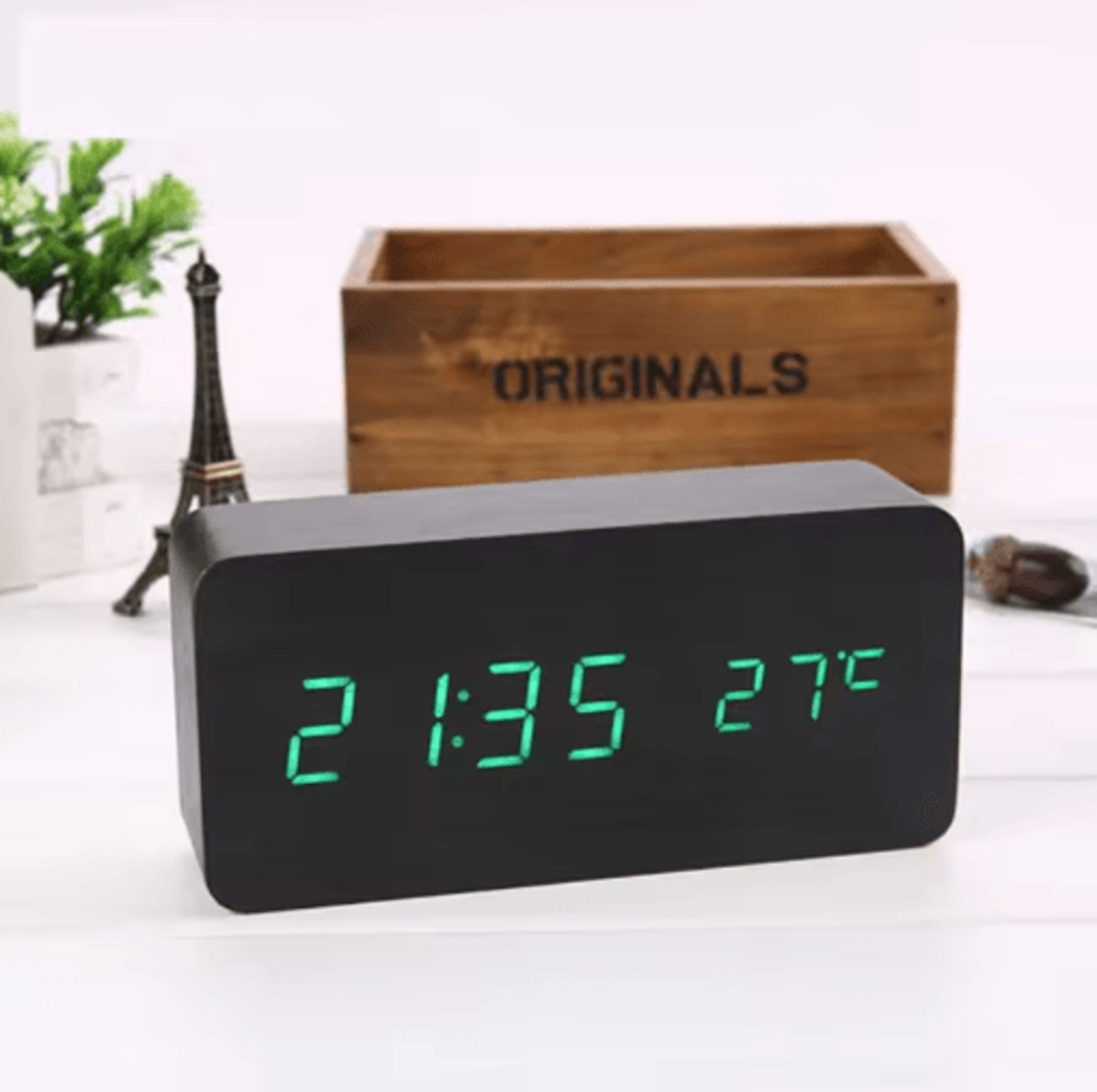 Wood Square Digital Alarm Clock  Voice Control LED Desk Clock With Snooze 9