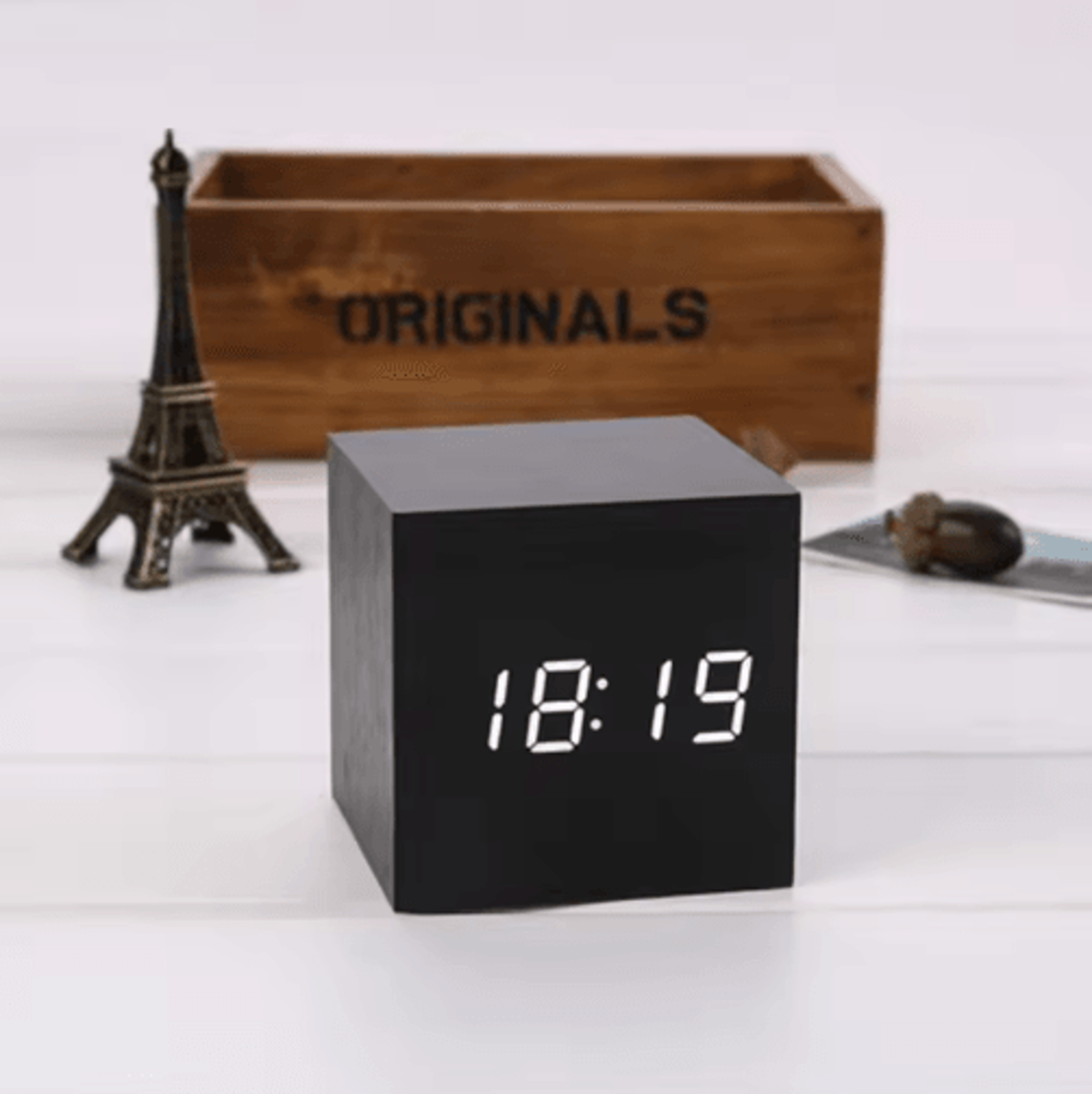 Wood Square Digital Alarm Clock  Voice Control LED Desk Clock With Snooze 12