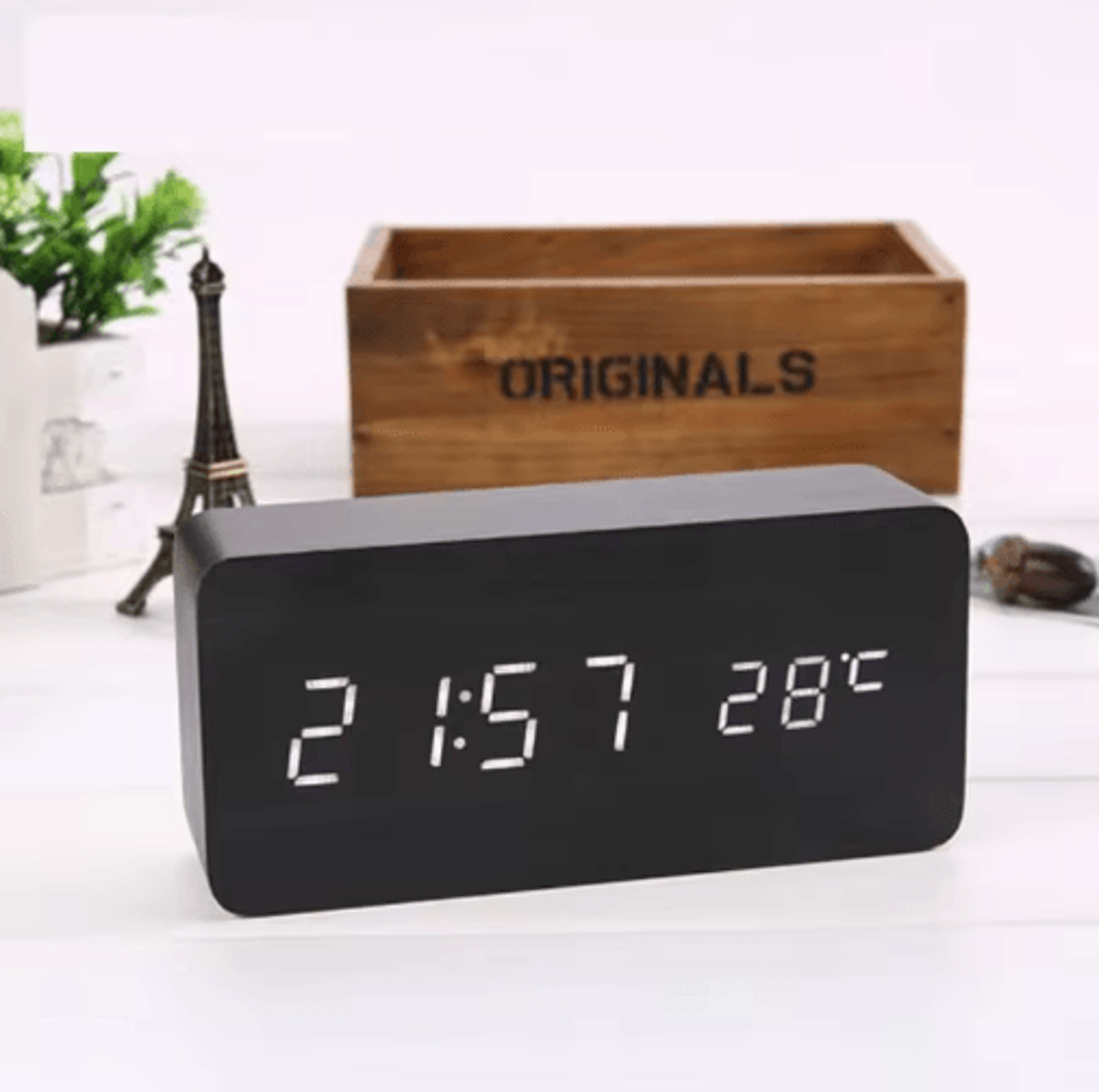 Wood Square Digital Alarm Clock  Voice Control LED Desk Clock With Snooze 11