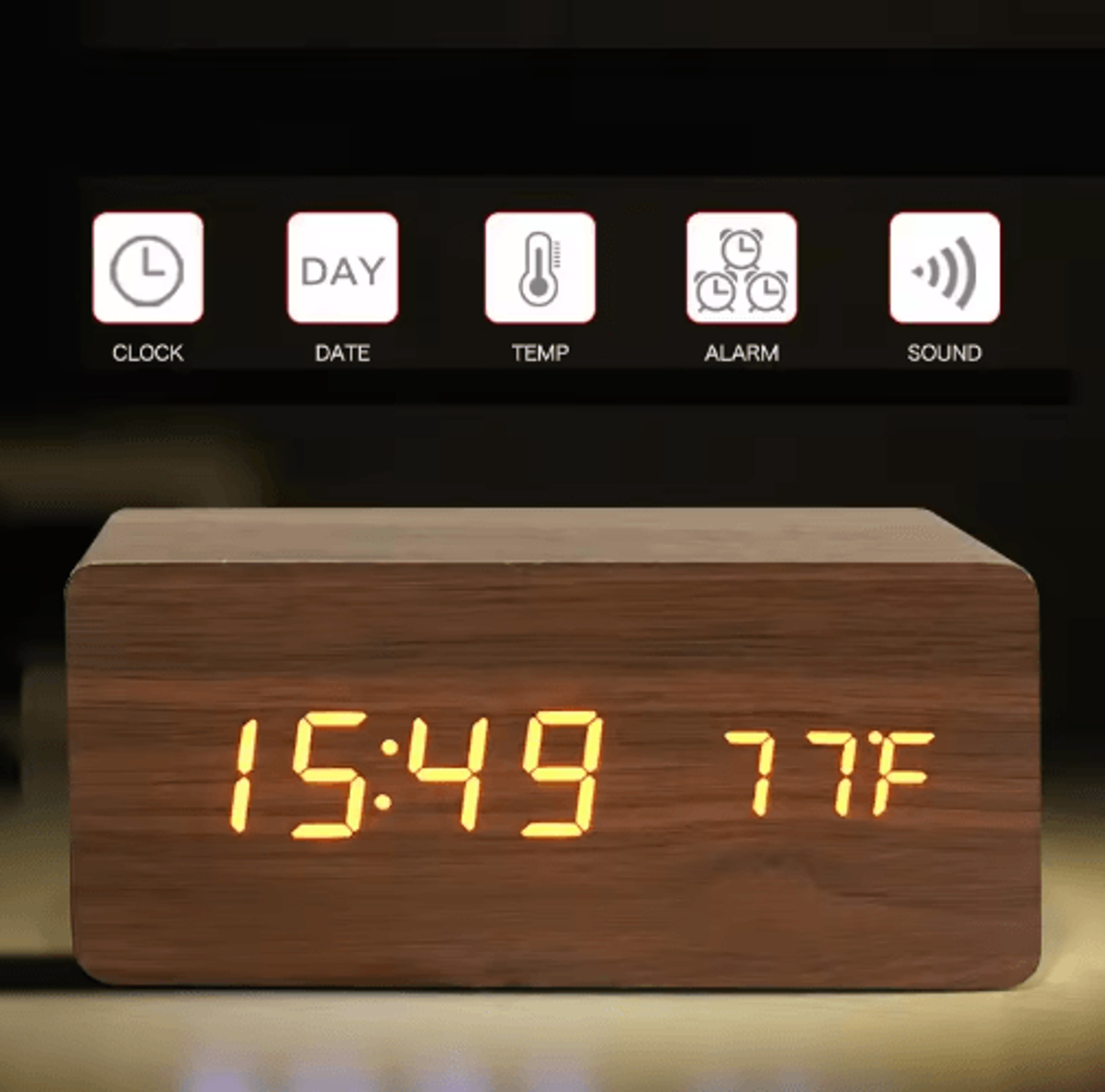 Wood Square Digital Alarm Clock  Voice Control LED Desk Clock With Snooze 14