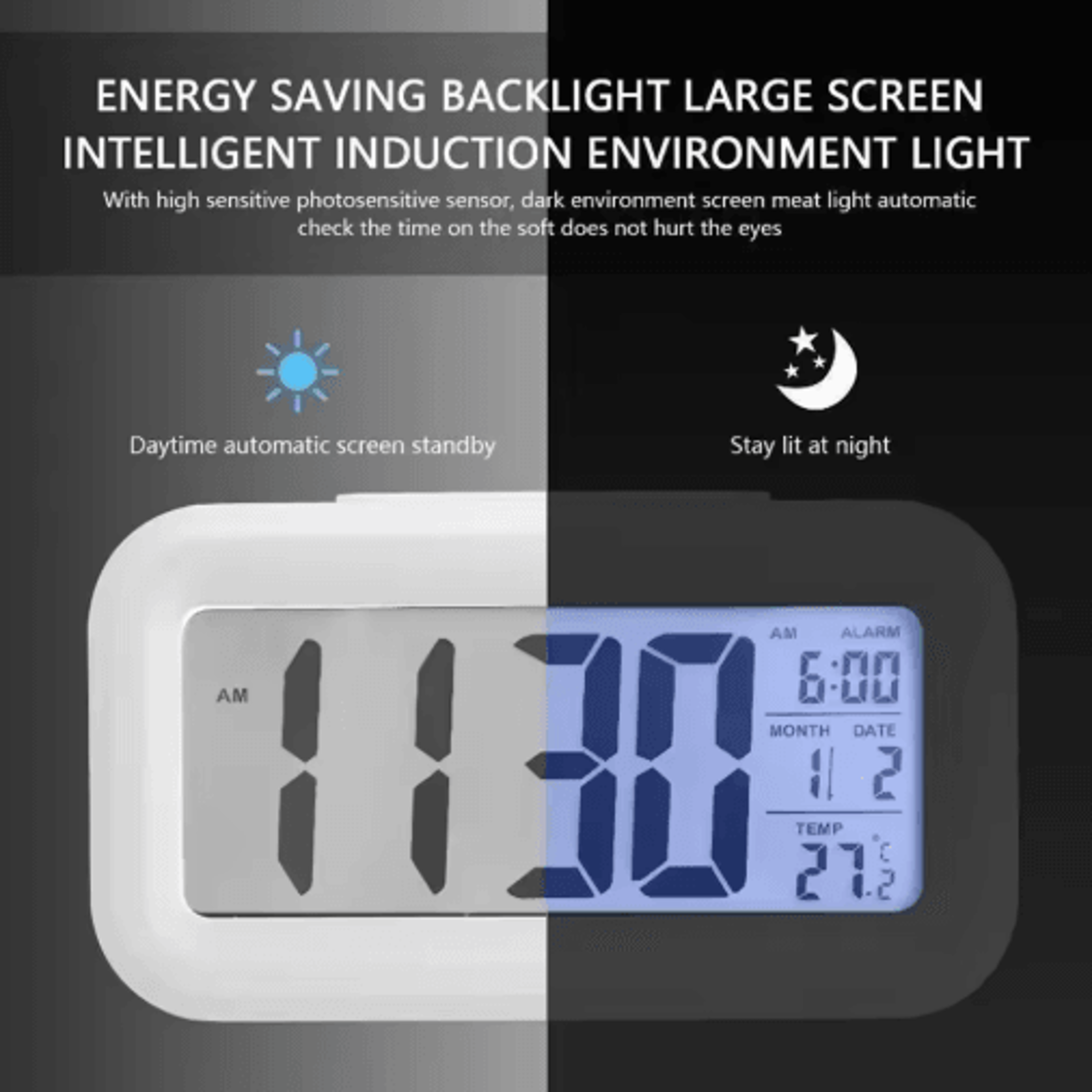 2in1 LCD Alarm Clock  Night Light  Compact WakeUp Clock With Increasing Beep 8