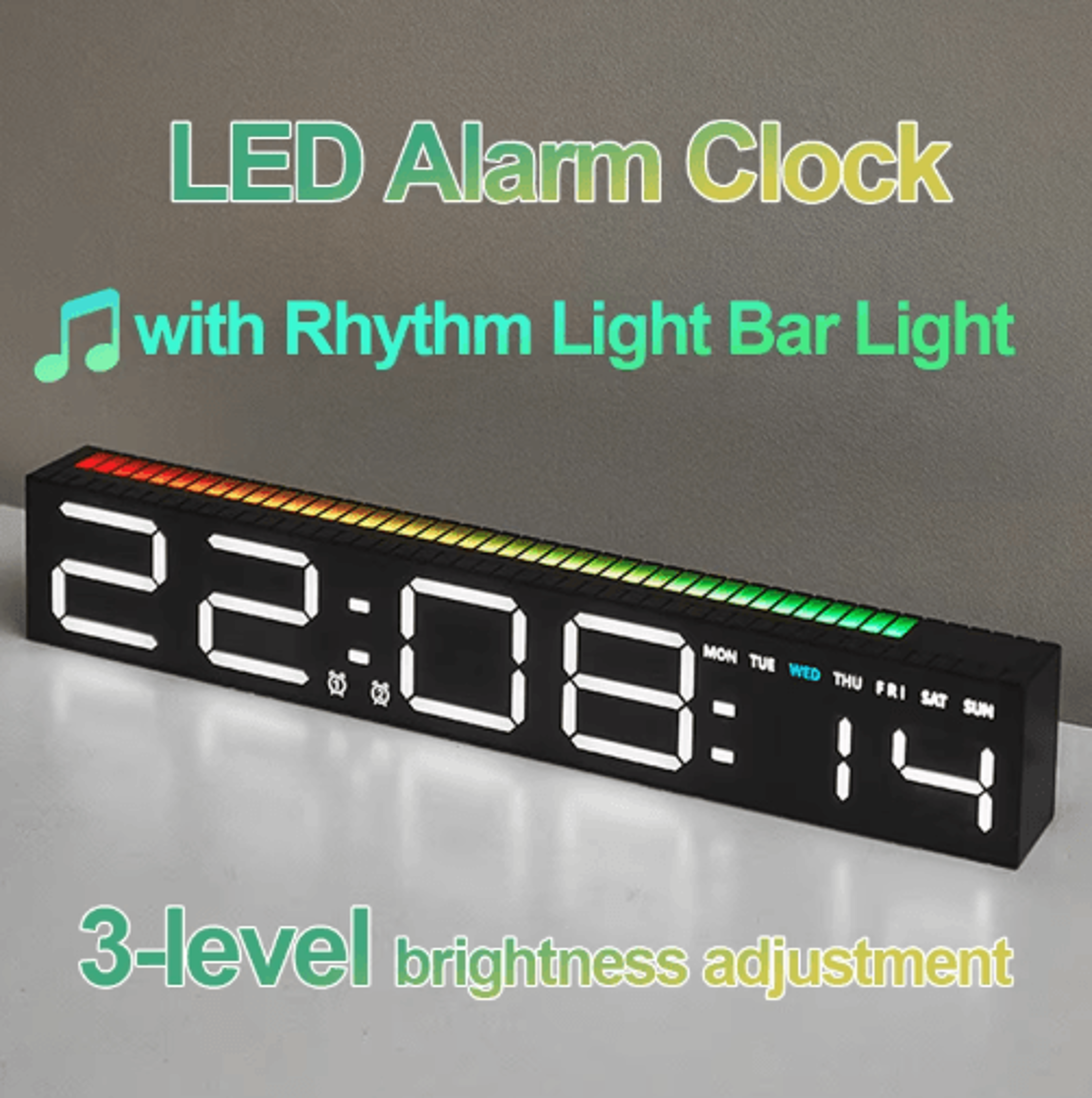rgb led alarm clock – colorful rhythm light bar desk clock with 3 brightness levels