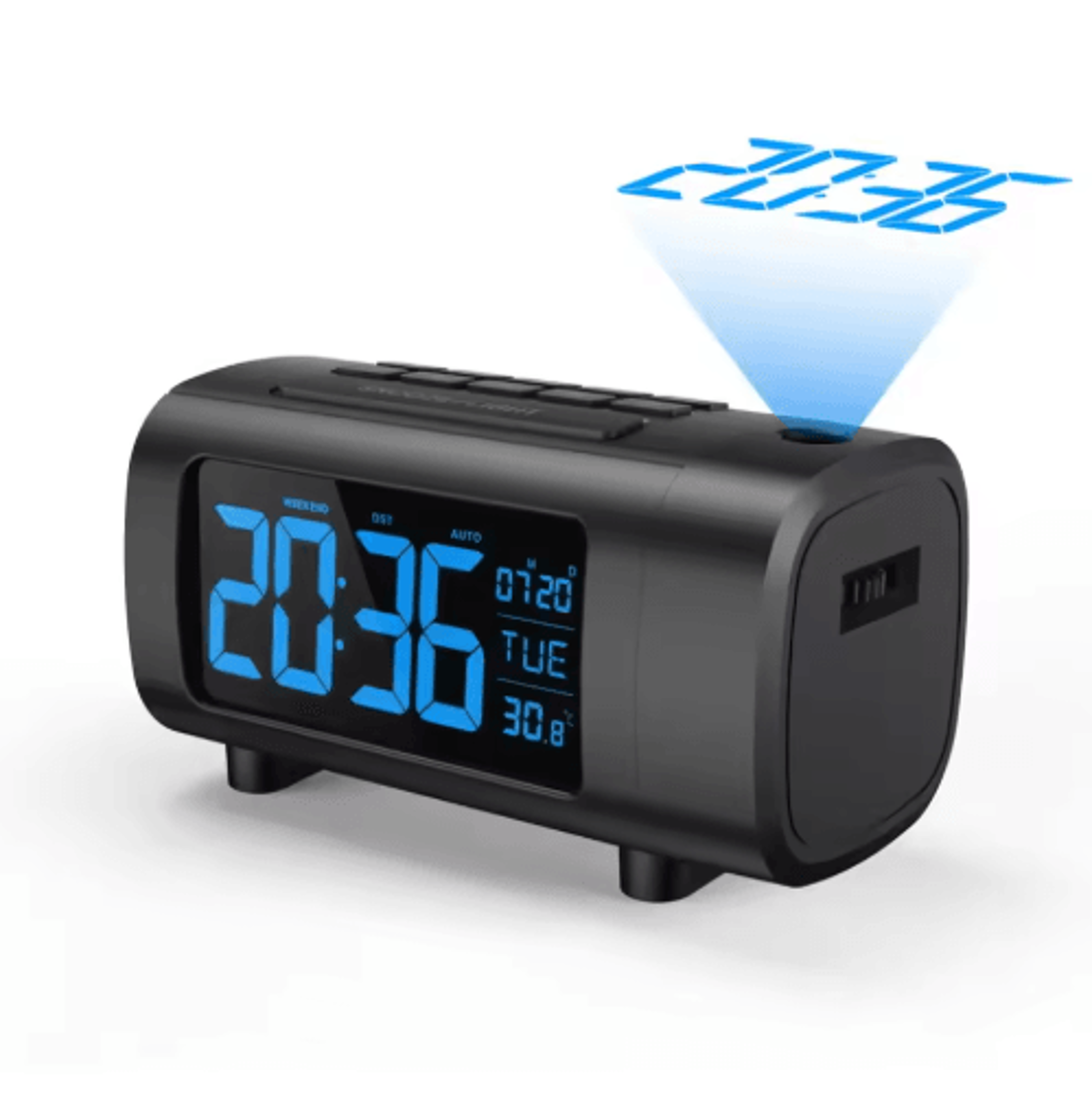 180 Projection Alarm Clock Radio  Digital Bedside Clock With Snooze  USB Charging 1
