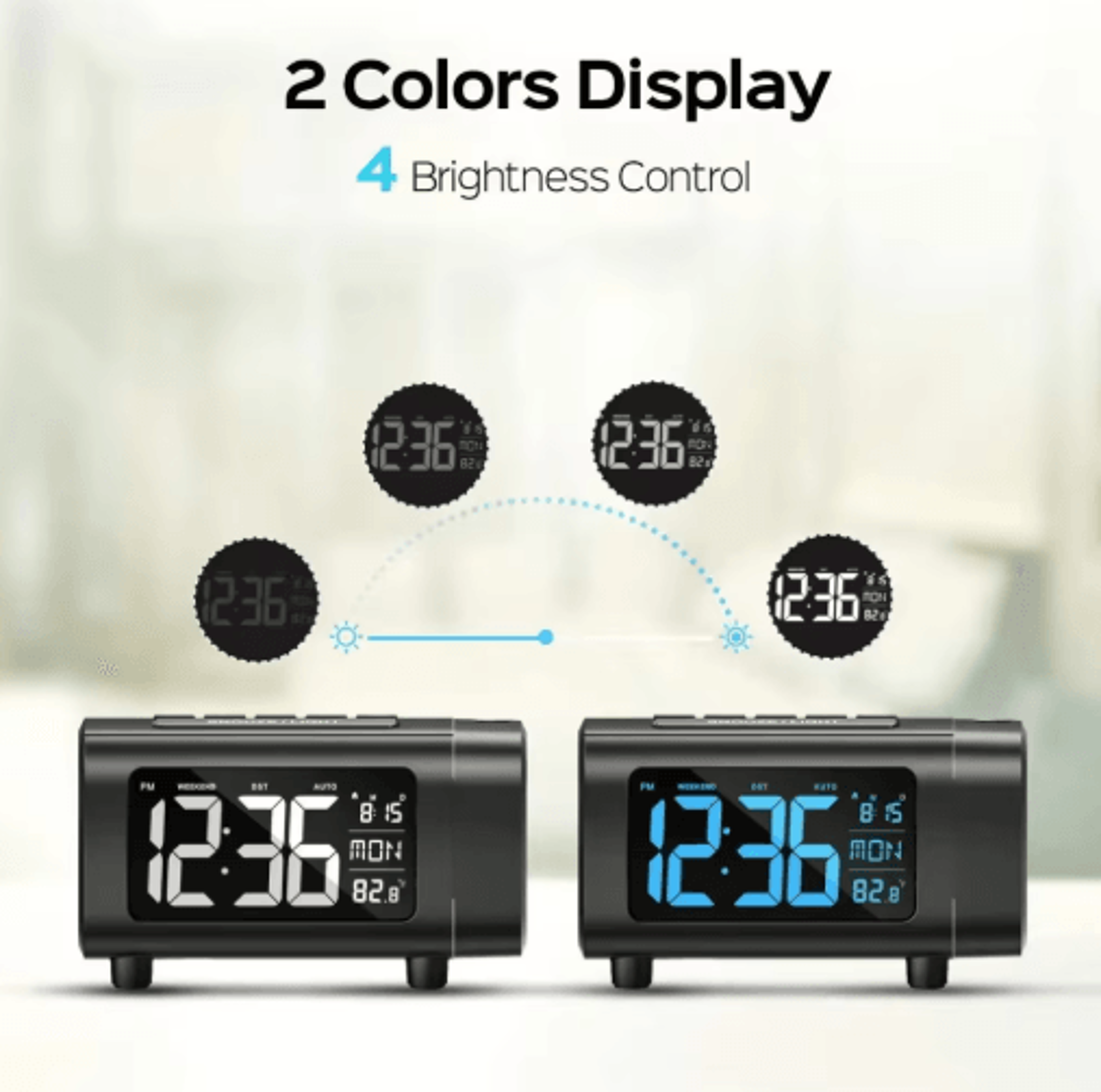 180 Projection Alarm Clock Radio  Digital Bedside Clock With Snooze  USB Charging 4