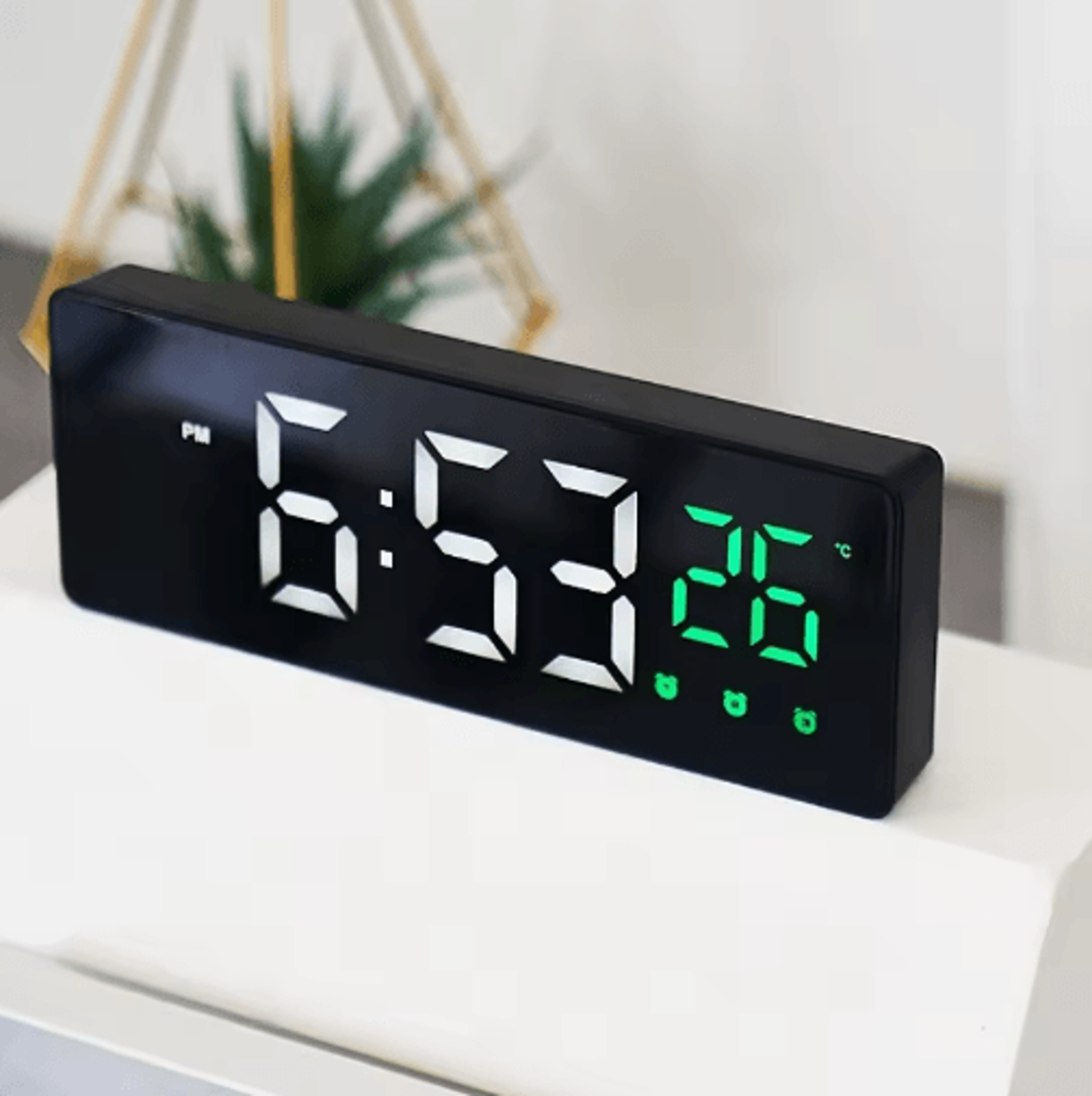 voice control mirror led alarm clock – 3 alarms, temperature & date display