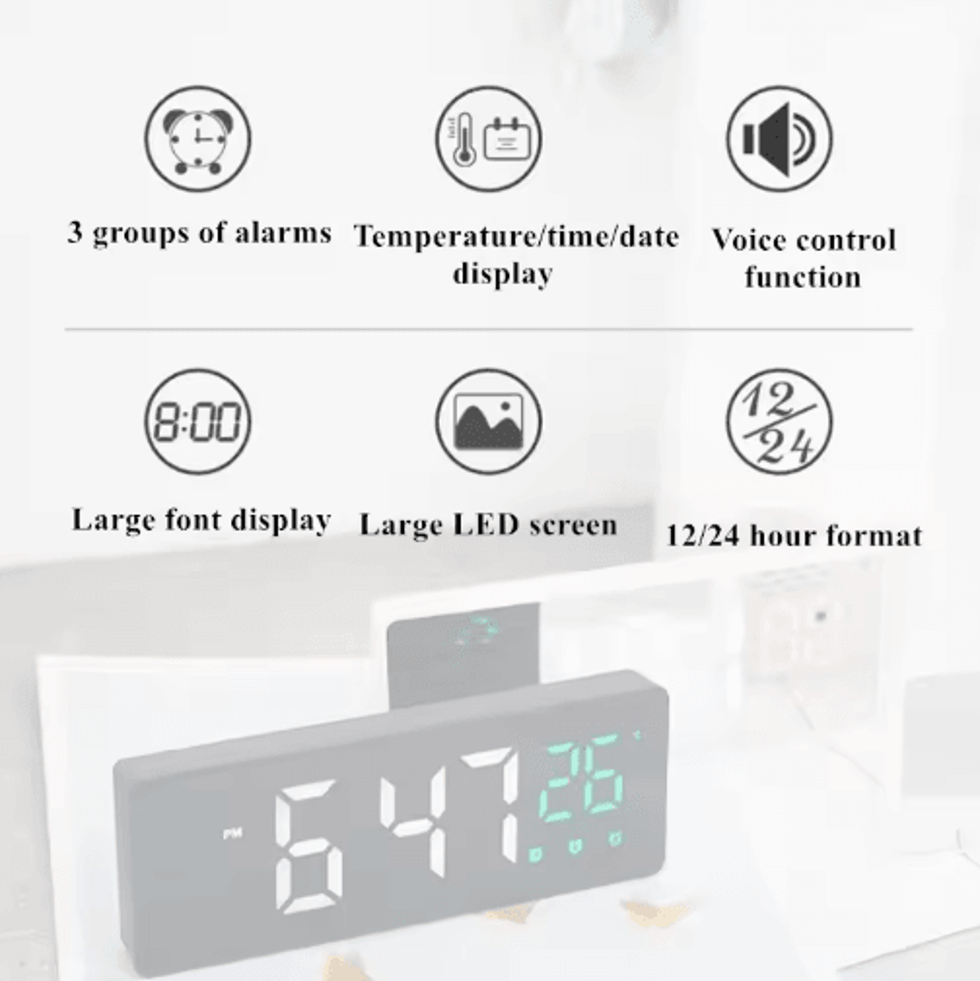 Voice Control Mirror LED Alarm Clock  3 Alarms Temperature  Date Display 6