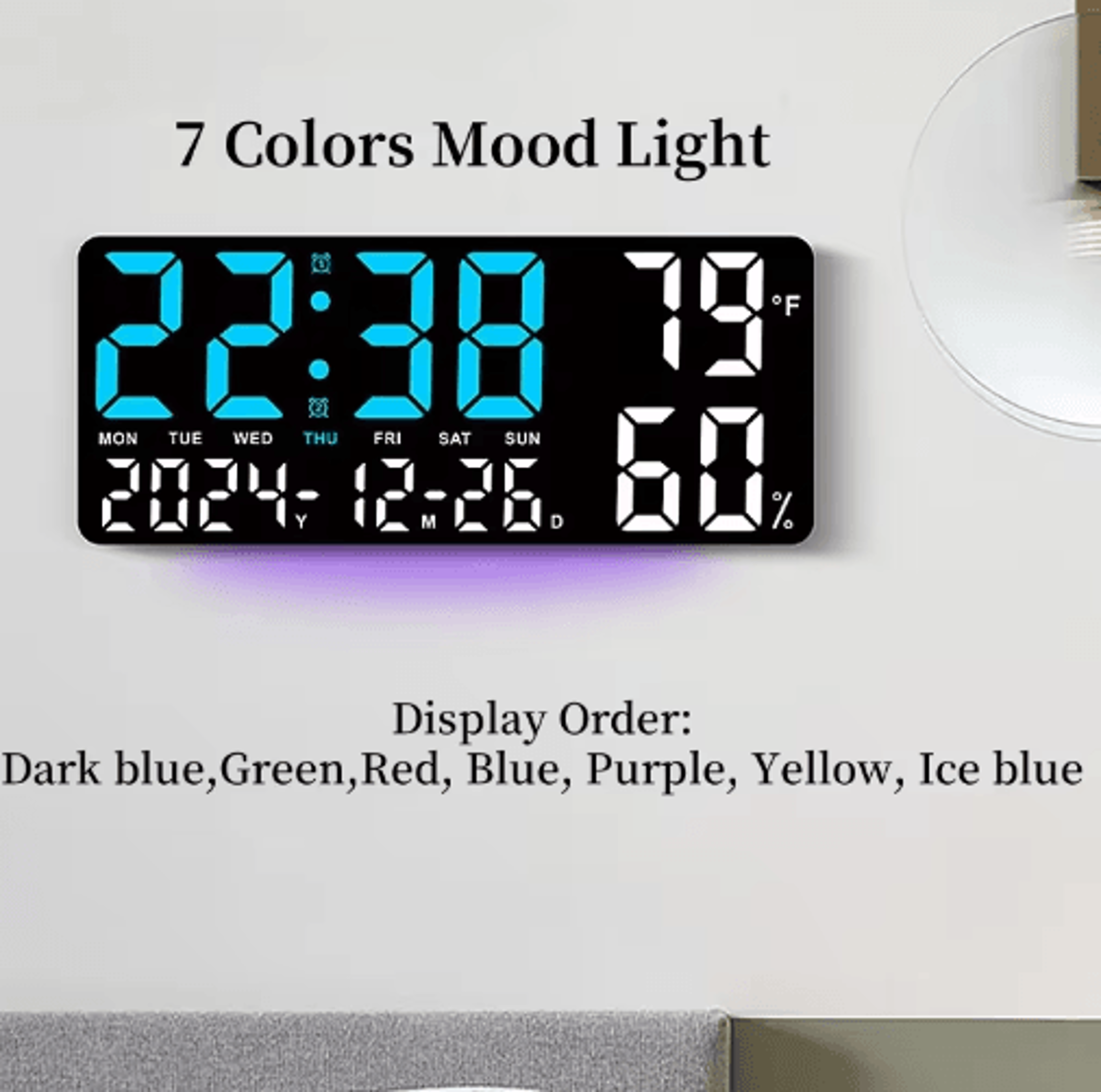 Large Digital Wall Clock 7Color Mood Light Dual Alarms  Countdown Timer 11