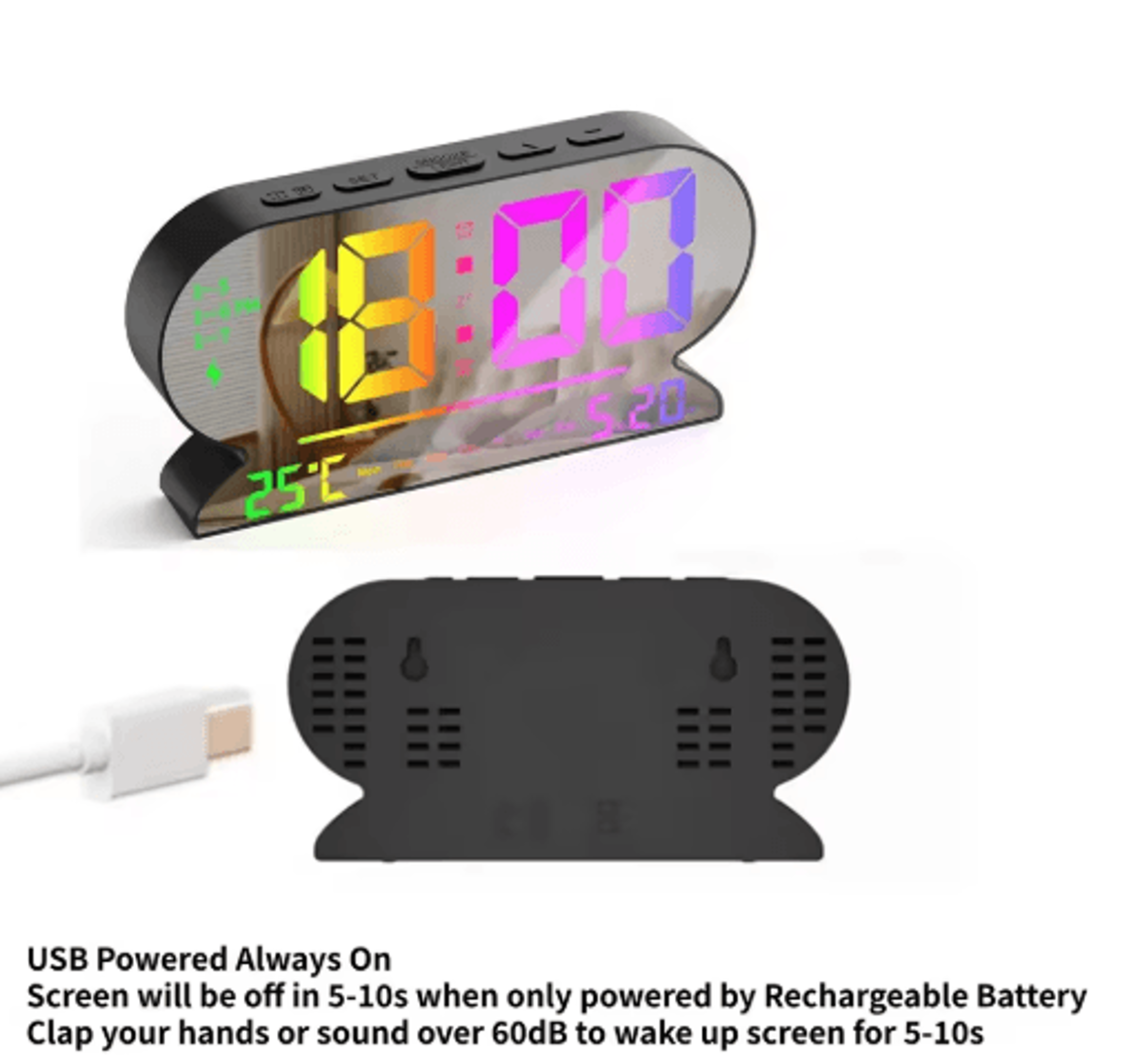 USB Digital Alarm Clock  Dual Alarms Temperature Date  Night Mode 1